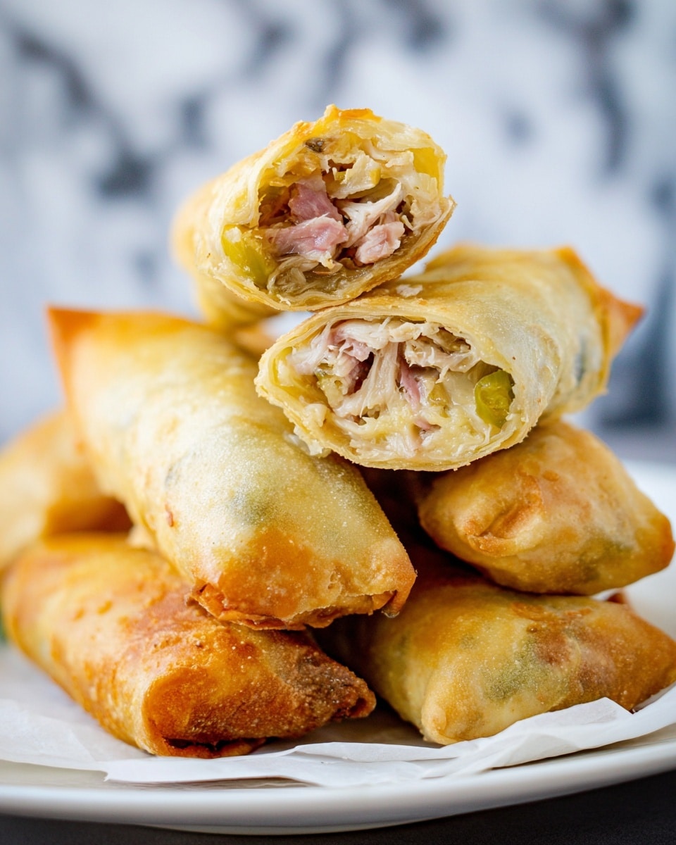 A stack of four golden-brown fried spring rolls with one cut in half on top, showing layers inside: shredded cooked pork in pinkish and light brown shades, melted cheese in pale yellow, and soft cooked green chili pieces. The outer layer is crispy and slightly oily with a light golden color, while the inner wrap is thin and soft, pale yellow, and slightly translucent. They rest on white parchment paper placed on a white plate against a blurred white marbled background. Photo taken with an iphone --ar 4:5 --v 7
