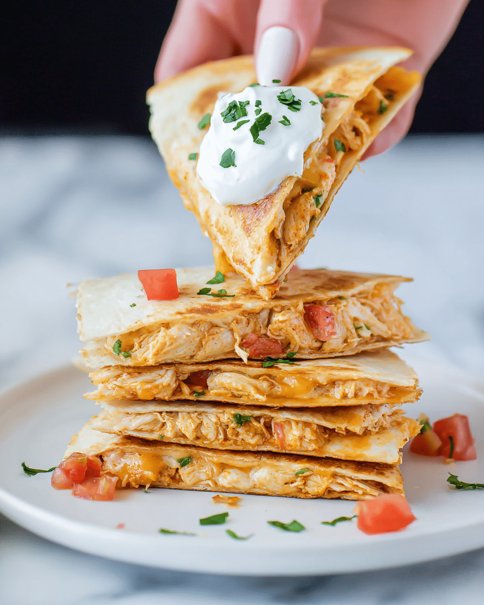 A stack of four triangular quesadilla pieces sits on a white plate, each layer showing a golden-brown toasted tortilla filled with shredded chicken and melted cheese, visible as light orange and white layers. Small bits of chopped red tomatoes and green herbs are scattered on and around the quesadillas, adding pops of color. One piece is held above the stack by a woman's hand, topped with a smooth dollop of white sour cream garnished with green herb leaves. The white plate contrasts with the warm colors of the quesadilla and the fresh toppings, all set against a white marbled background. photo taken with an iphone --ar 4:5 --v 7
