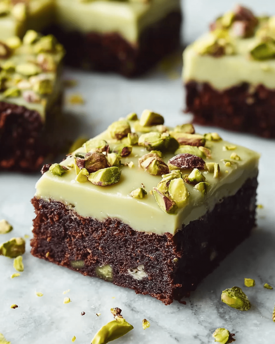 A close-up of a square chocolate brownie with two distinct layers; the bottom layer is thick, dark brown with a dense, slightly crumbly texture and visible small bits of pistachio inside, while the top layer is a smooth, creamy light green frosting spread evenly. Scattered over the frosting are roughly chopped pistachio nuts in shades of green and brown, adding a crunchy contrast. The dessert pieces are placed on a white marbled textured surface, with a few loose pieces of pistachio around. Photo taken with an iphone --ar 4:5 --v 7