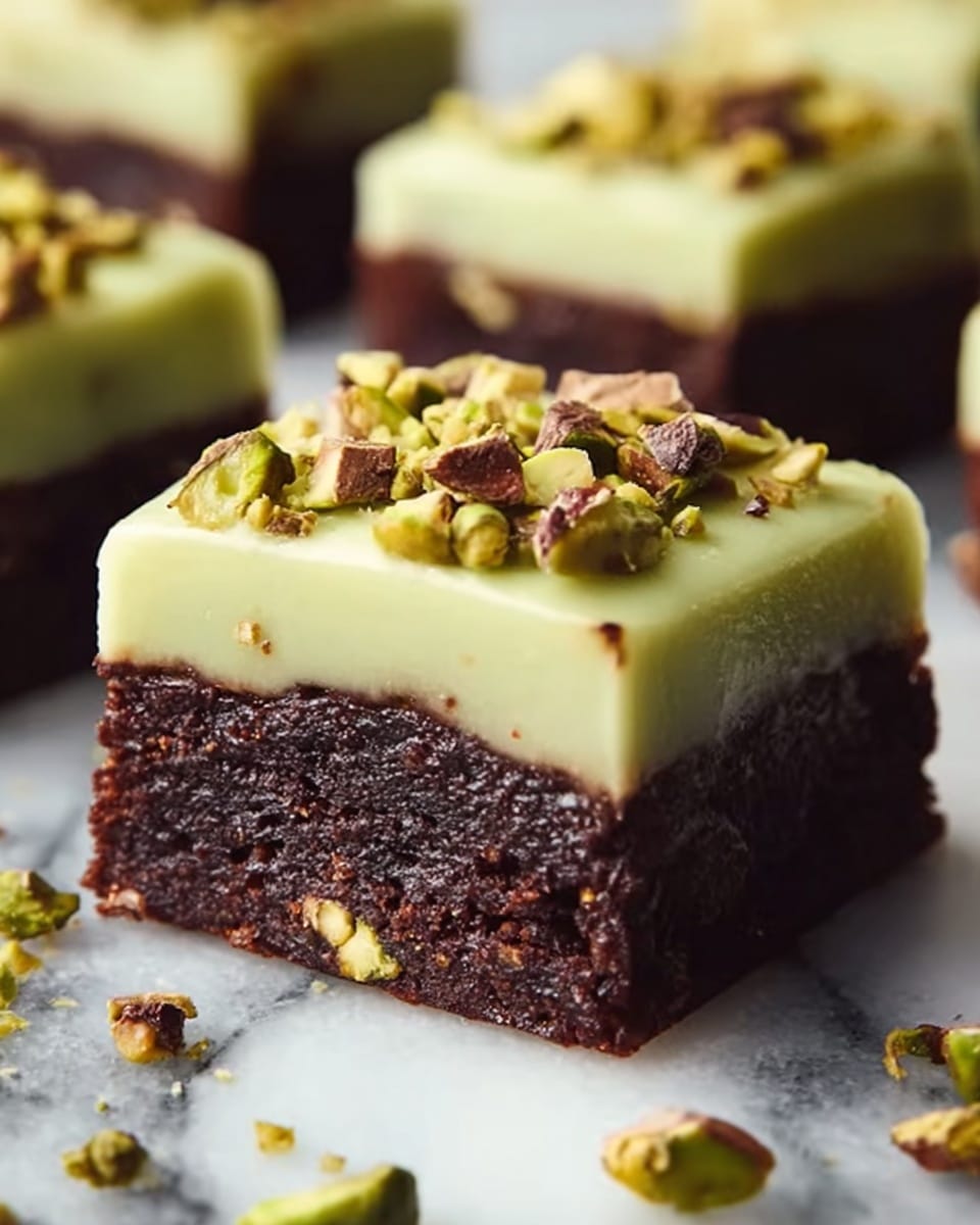 The image shows a close-up of a square-shaped dessert with two layers; the bottom layer is thick, dark brown, and moist with a dense texture, and the top layer is a smooth, creamy pale green frosting evenly spread with a glossy finish. Scattered on the top layer are small pieces of crushed pistachios in shades of green and brown, adding a crunchy texture. The dessert is placed on a white marbled surface, and the focus is on the front piece with blurred similar pieces in the background. photo taken with an iphone --ar 4:5 --v 7