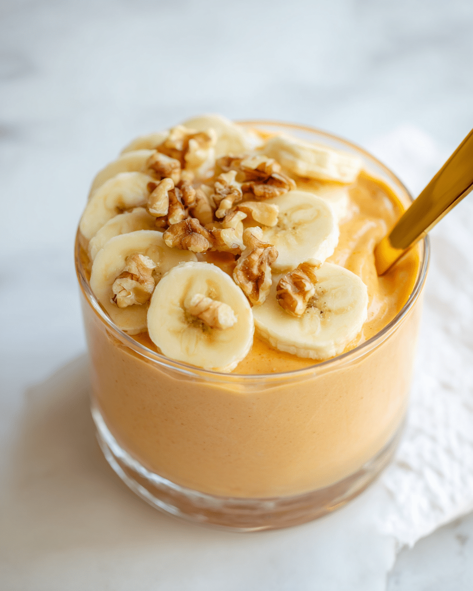 The image shows a single-layer glass jar filled with smooth, light orange pudding or mousse. On top, there is a layer of thin, round banana slices covering the surface almost fully, each banana slice pale yellow in color with soft texture. Scattered unevenly over the banana slices are small pieces of light brown walnuts adding a crunchy texture. A golden spoon is placed inside the jar on the right side. The jar is set on a white marbled surface with soft natural light highlighting the creamy texture and colors. photo taken with an iphone --ar 4:5 --v 7