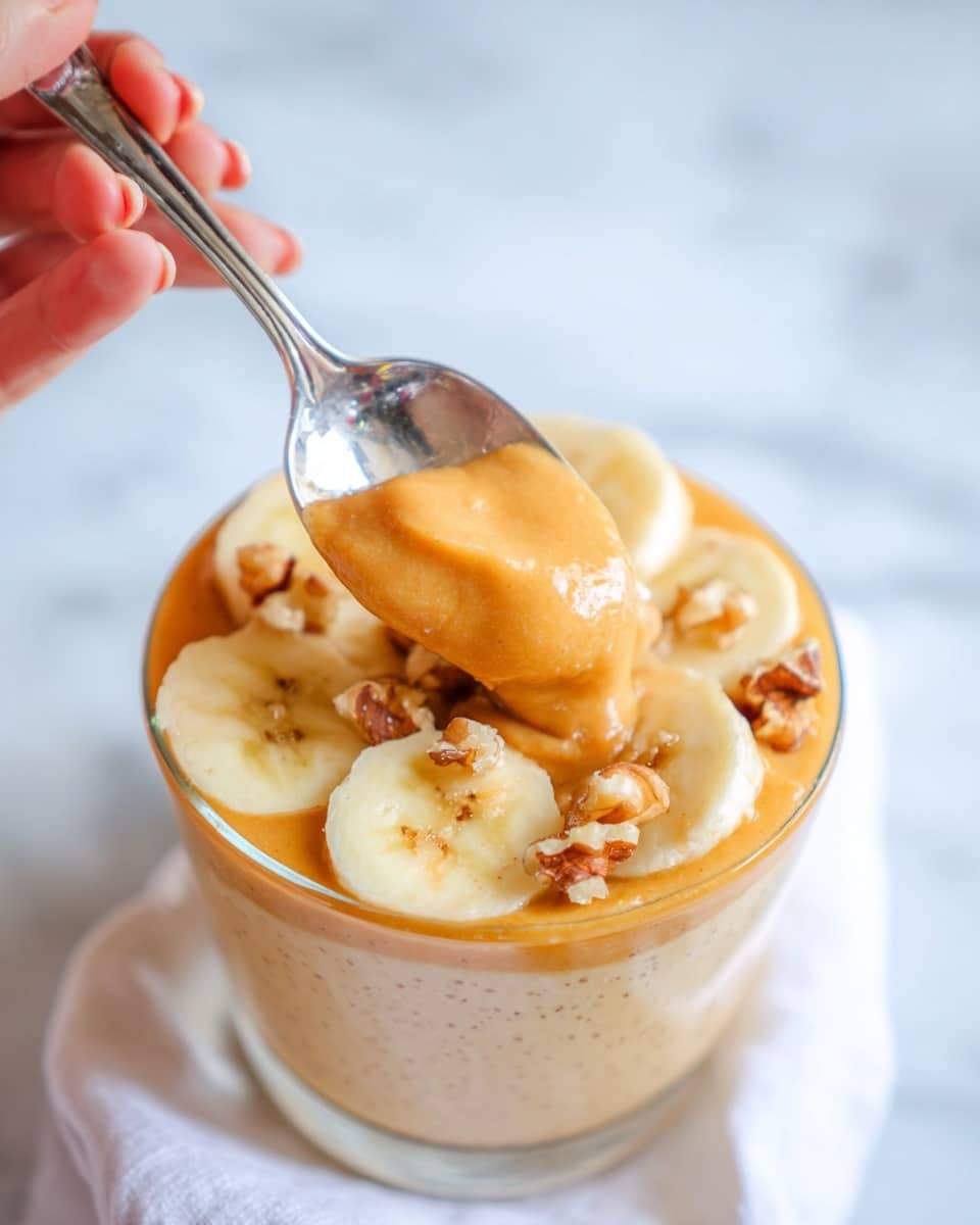 A clear glass cup filled with a creamy light brown pudding as the bottom layer, topped with a thick orange sauce layer scattered with round slices of banana and small walnut pieces. A woman's hand holds a silver spoon above the cup, scooping up a smooth portion of the orange sauce. The background shows a white marbled texture. photo taken with an iphone --ar 4:5 --v 7