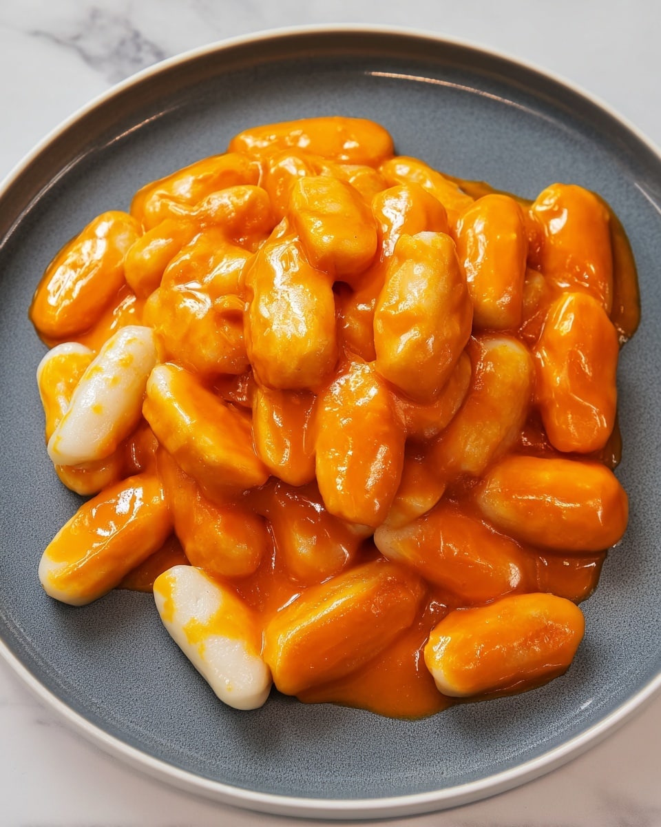The dish shows many oval-shaped rice cakes covered evenly in a thick, smooth, bright orange sauce with a glossy look. The rice cakes are mostly white under the sauce, with a soft and chewy texture visible. They are piled in layers on a round white plate with a dark grey inner surface. The plate is placed on a white marbled texture background, creating a clean and simple setting. photo taken with an iphone --ar 4:5 --v 7