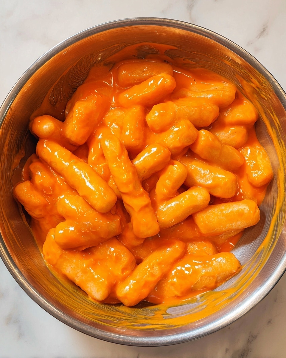A close-up view of a metal bowl filled with short, thick rice cakes coated in a bright orange, smooth, and creamy sauce, with no visible layers except the uniform coating covering all the rice cakes inside the bowl. The bowl sits on a white marbled surface, showing a bit of the sauce spread around the inner edges of the bowl. photo taken with an iphone --ar 4:5 --v 7