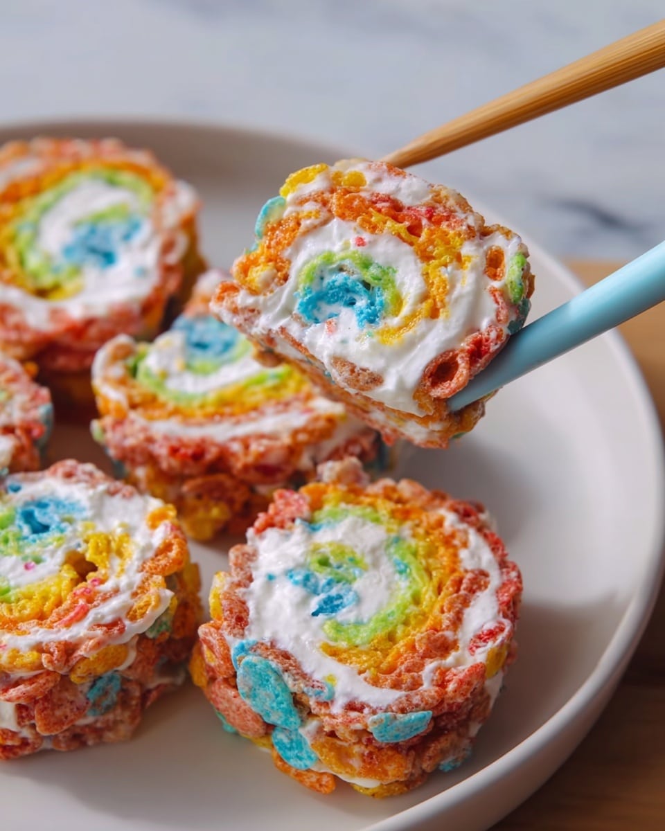 The image shows a close-up of small sushi rolls made from colorful cereal pieces mixed with a white creamy filling, creating a vibrant, swirled pattern of orange, yellow, green, blue, and red colors in two layers. The outer layer consists of crunchy, bright cereal pieces tightly packed around the soft inner layer, which is white and creamy, giving a textured contrast. One piece is held gently between pale blue chopsticks above a white plate with a glossy finish, with several more pieces placed closely together on the plate. The background features a clean white marbled surface. Photo taken with an iphone --ar 4:5 --v 7