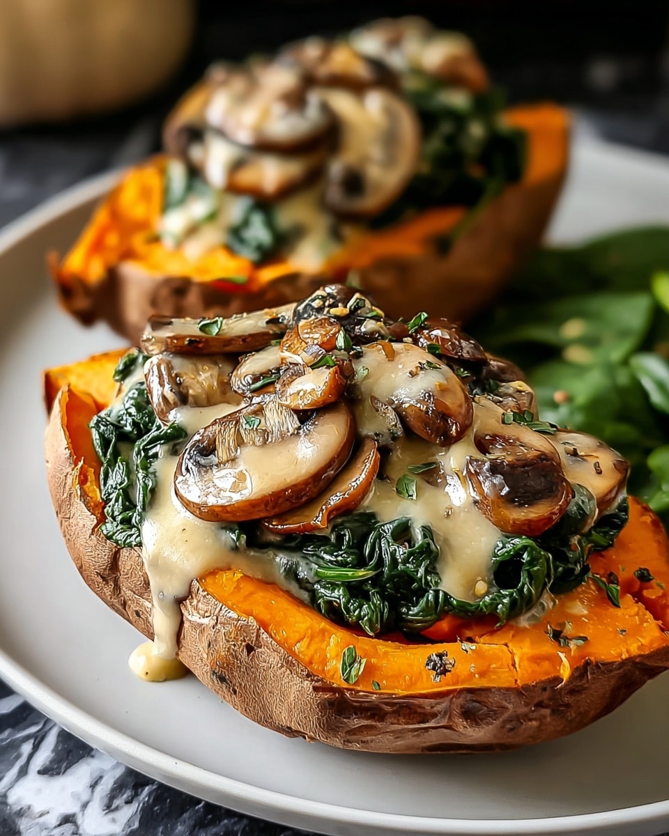 The image shows two halves of a baked sweet potato placed on a white plate, each half filled with three layers: the first layer is bright orange, soft sweet potato flesh with a slightly wrinkled, brown baked skin edge. The second layer is a bed of dark green, cooked spinach with a slightly wilted texture. The top layer is creamy beige mushroom sauce generously covering sliced, golden-brown sautéed mushrooms with a tender texture, some sauce dripping over the edges. The background has a white marbled texture. Photo taken with an iphone --ar 4:5 --v 7