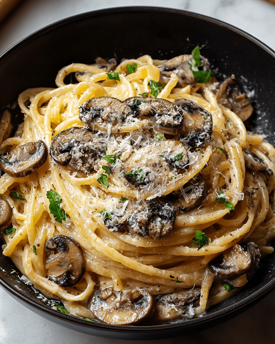A close-up view of creamy pasta served in a black bowl, showing a thick layer of light beige noodles twisted and piled in the center, topped with multiple sliced brown mushrooms that have a glossy texture. Small green herb pieces are scattered throughout the pasta, with a light sprinkling of grated pale cheese on top, creating a slightly grainy texture. The pasta looks rich and creamy with a smooth shine. The background shows a white marbled surface subtly visible beneath the bowl. photo taken with an iphone --ar 4:5 --v 7