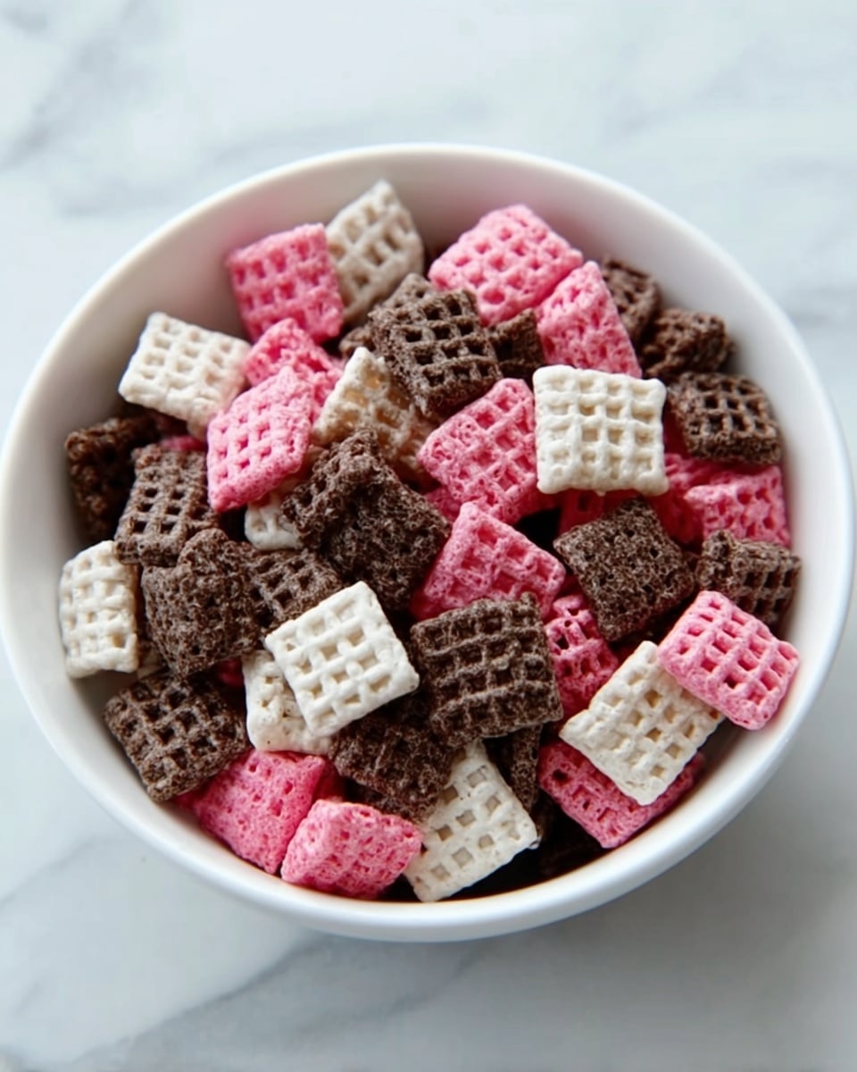 A white bowl filled with three-layered small square puffed cereal pieces, each layer showing a different color: dark brown, bright pink, and white. The cereal pieces have a textured waffle pattern and are closely packed inside the bowl. The bowl is placed on a white marbled surface, giving a clean and bright look. Photo taken with an iphone --ar 4:5 --v 7