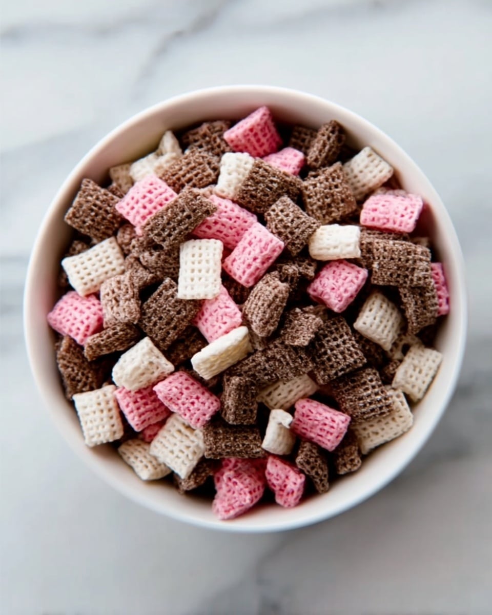 A white bowl filled with three layers of small square cereal pieces, each with a waffle-like texture. The bottom layer is made up of dark brown pieces, the middle layer shows a mix of pink and white pieces, and the top layer has a balanced mix of the dark brown, pink, and white pieces scattered evenly across the bowl. The bowl is placed on a white marbled surface, and the image focuses closely on the bowl's contents, showing the crunchy texture of each cereal piece. Photo taken with an iphone --ar 4:5 --v 7