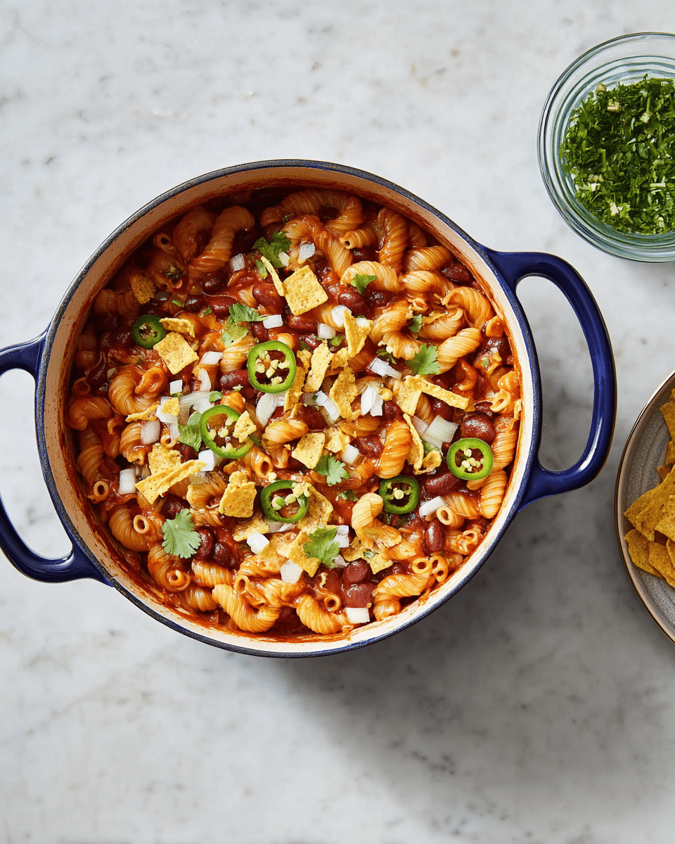 A large white pot with dark blue handles holds a layered pasta dish. The base layer consists of short spiral macaroni mixed with red beans and a red tomato sauce. On top, scattered light green slices of jalapeño peppers, white chopped onion pieces, and small green cilantro leaves add color and texture. There are also broken yellow tortilla chips sprinkled across the dish, adding a crunchy texture. The inside surface of the pot shows light smears of the sauce. The pot sits on a white marbled texture surface, with a small glass bowl of green herbs partially visible in the top right corner. Photo taken with an iphone --ar 4:5 --v 7