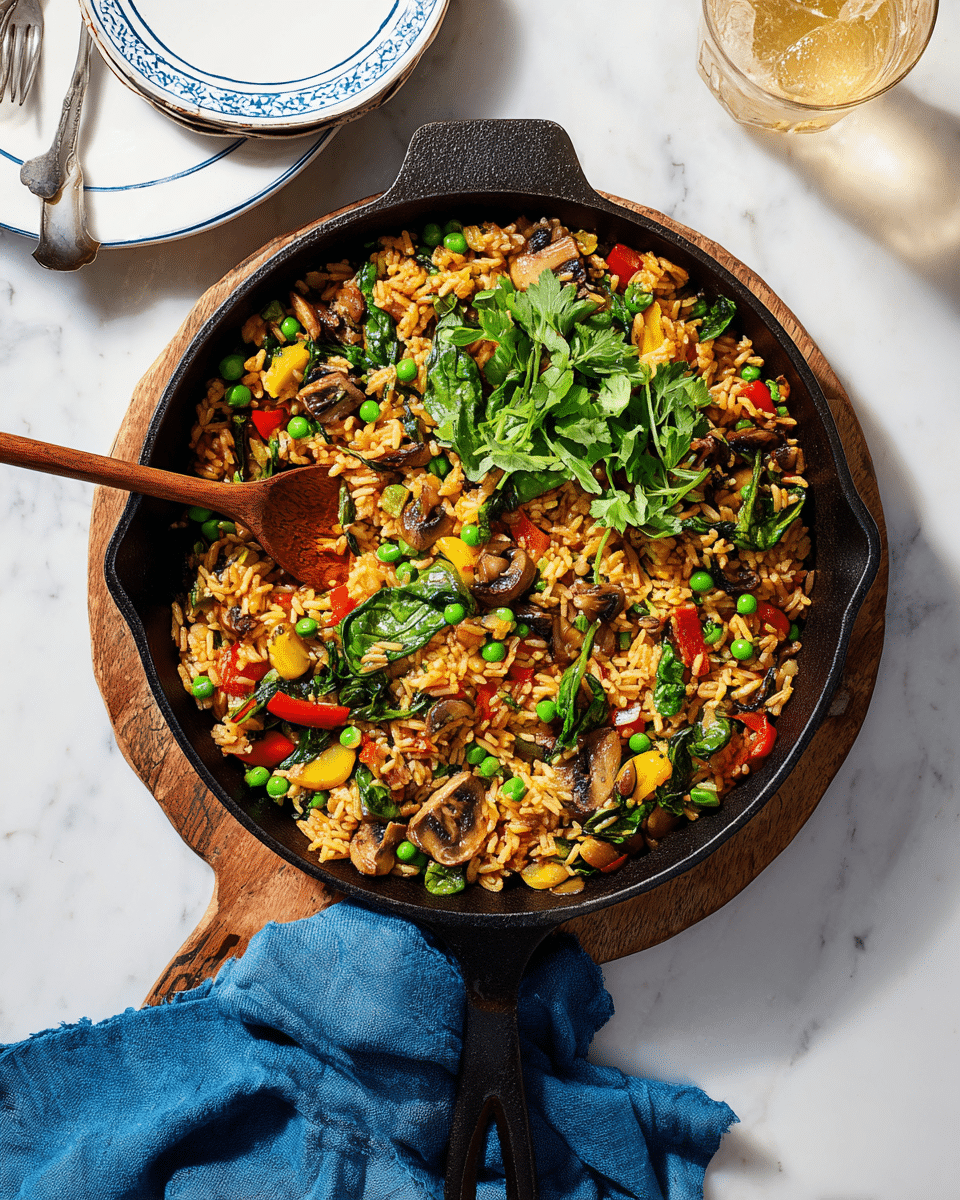 A black cast iron skillet filled with cooked rice mixed with vegetables including bright green peas, yellow squash slices, red bell pepper pieces, onions, and dark mushroom slices, all mixed evenly throughout the dish. Fresh green spinach leaves and parsley sprigs sit on top, adding a bright, fresh touch. The skillet rests on a wooden board placed on a white marbled surface. A wooden spoon is partially buried in the rice near the bottom left side of the skillet, and part of a white plate with a blue rim is seen on the left. A blue cloth napkin is partially draped under the skillet on the lower right side. photo taken with an iphone --ar 4:5 --v 7