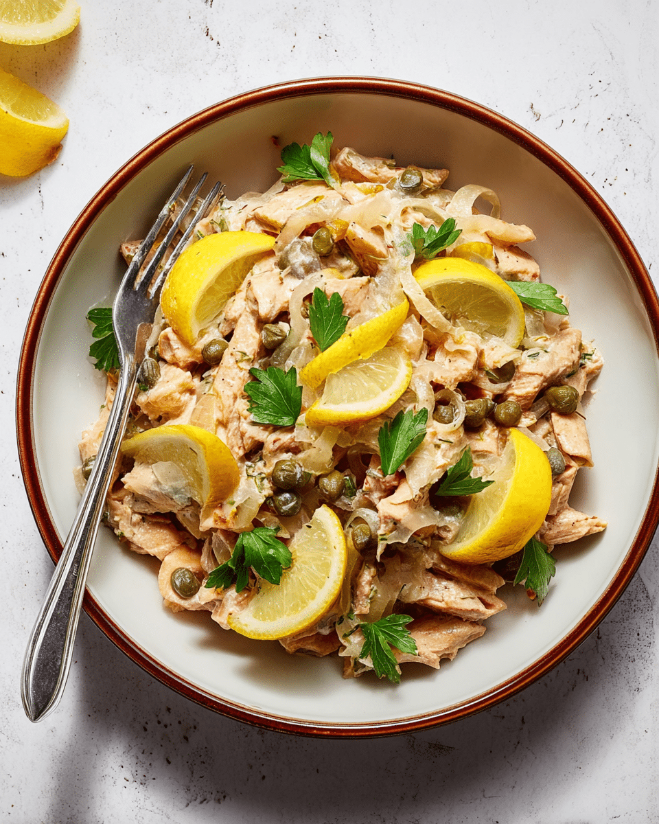 A white bowl with a brown rim holds a creamy dish made of several layers: at the base are thick, beige strips of cooked protein mixed with light brown, tender onion slices; scattered green capers add texture, while fresh green parsley leaves are placed on top for color. Bright yellow lemon wedges with rind are layered on top, some standing upright and others lying flat, all surrounded by a light beige creamy sauce that coats the ingredients richly. A metal fork rests on the edge of the bowl on the left side. The bowl sits on a white marbled textured surface. photo taken with an iphone --ar 4:5 --v 7