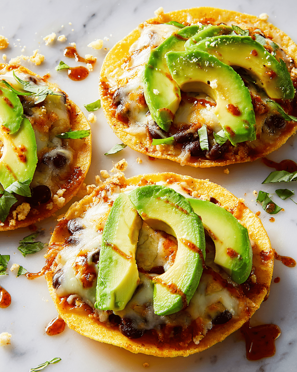 The image shows two small round tostadas on a white marbled surface. Each tostada has three layers: a crispy corn tortilla base in a warm yellow color, a middle layer of melted white cheese mixed with black beans that have a soft texture, and a top layer of fresh, bright green avocado slices placed in a fan shape. The avocado pieces are smooth and glossy, with a drizzle of reddish-brown sauce scattered on top and around the tostadas. Small bits of beans and cheese are scattered loosely on the surface, giving a casual, appetizing look. Photo taken with an iphone --ar 4:5 --v 7