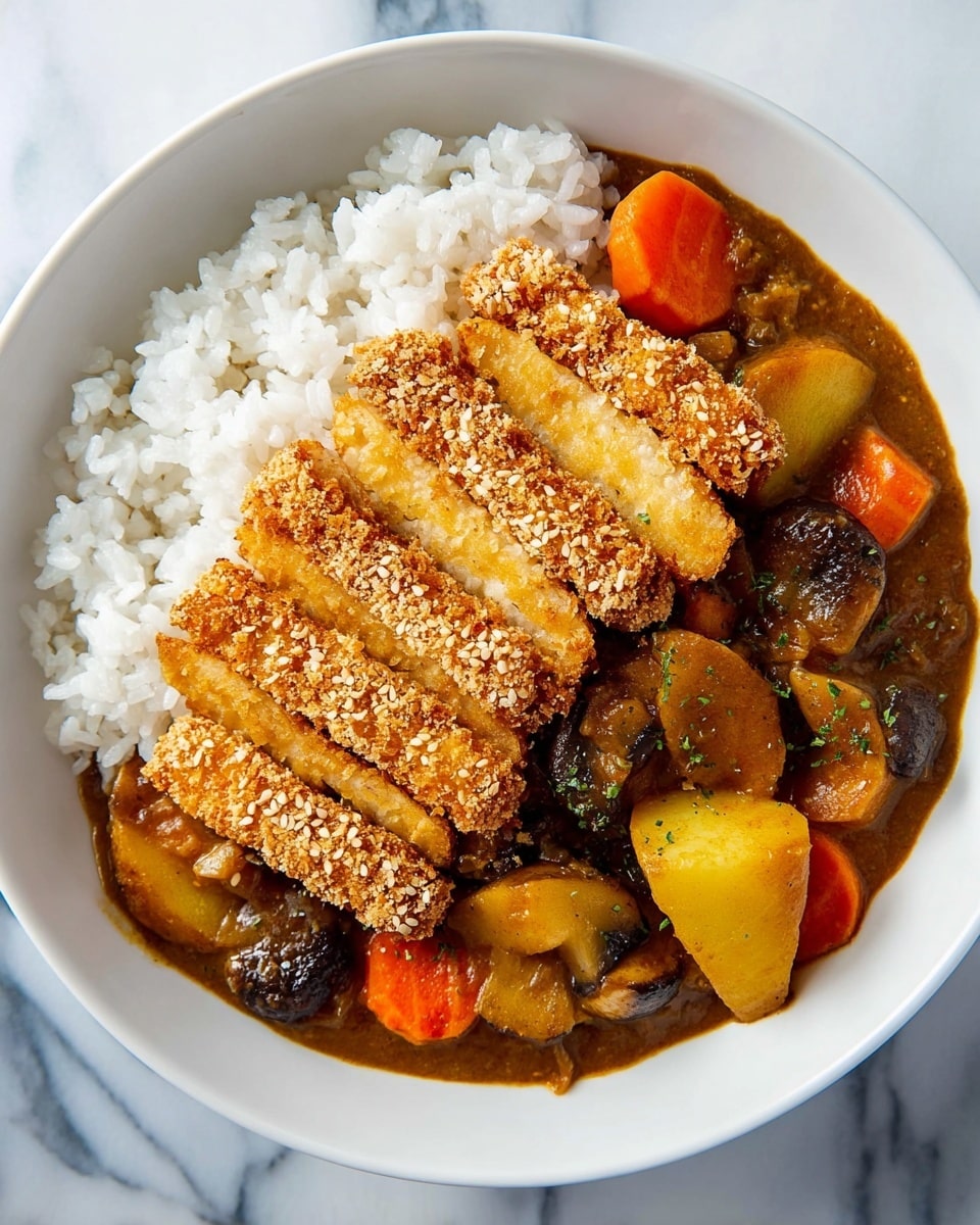 The dish is served in a white bowl filled partly with white rice on one side and thick brown curry on the other side. On top of the rice, there are five slices of golden brown, crispy fried tofu, coated with sesame seeds, arranged neatly in a row. The curry contains chunky vegetables like orange carrots, yellow potatoes, and dark brown mushrooms, all mixed together in a thick sauce. The bowl is placed on a surface with a white marbled texture. photo taken with an iphone --ar 4:5 --v 7