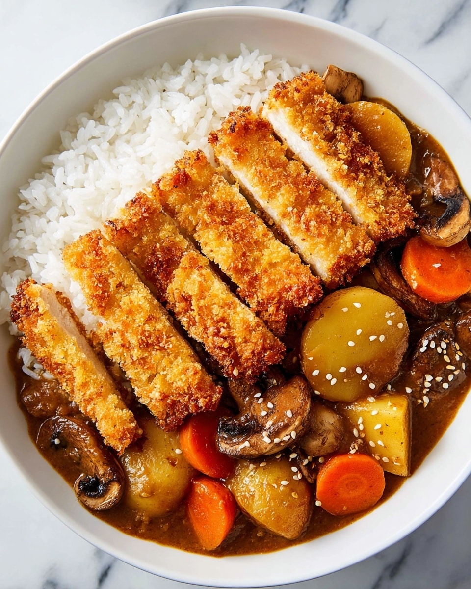 A white bowl filled with three main layers: the bottom layer is fluffy white rice, the middle layer is a rich brown curry with visible chunks of orange carrots, brown mushrooms, and light yellow potatoes, and the top layer consists of golden-brown breaded chicken cut into five strips, each piece showing a crispy texture with sesame seeds sprinkled on top. The dish sits on a white marbled surface. Photo taken with an iphone --ar 4:5 --v 7
