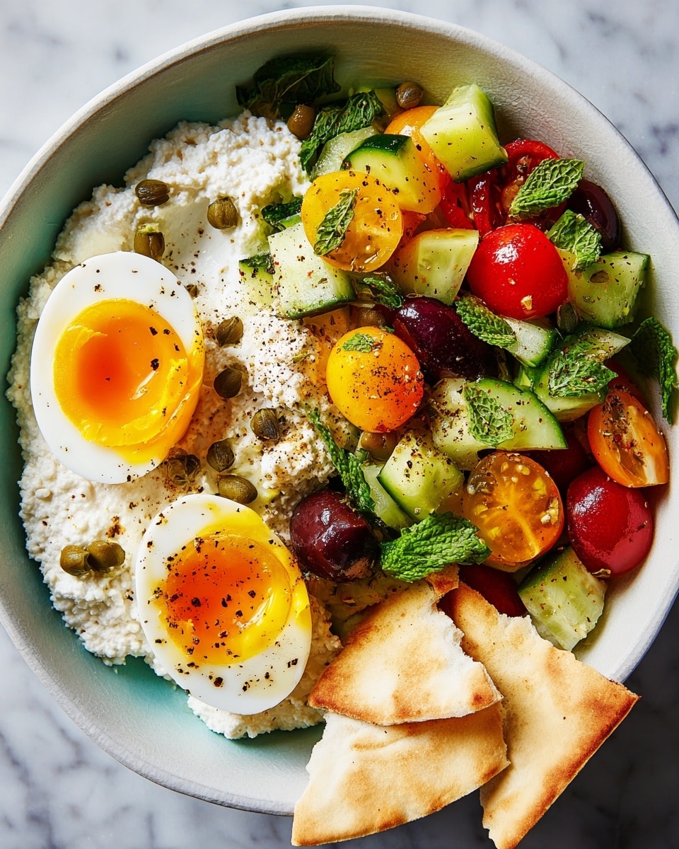 A white bowl filled with three main layers: on the left, a creamy white cottage cheese base with a grainy texture; on top of it, two halved soft-boiled eggs with bright yellow yolks and firm whites sprinkled with black pepper and small green capers; on the right, a colorful salad of chopped cucumbers, yellow and red cherry tomatoes, and dark purple olives, all mixed with green mint and parsley leaves, drizzled with oil and sprinkled with seasoning. At the front of the bowl, several pale golden pita chips rest against the cottage cheese. The bowl is placed on a white marbled surface. photo taken with an iphone --ar 4:5 --v 7