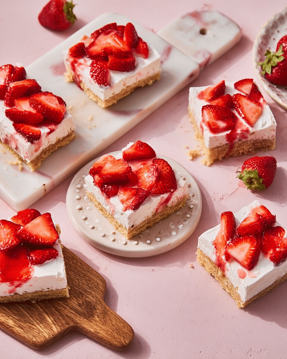 The image shows seven square slices of dessert with three clear layers on each slice. The bottom layer is a light golden-brown base that looks soft and slightly crumbly. The middle layer is a thick, creamy white spread with a smooth texture. The top layer is fresh red strawberry slices placed unevenly, some whole and some halved, with a few strawberry juice droplets giving a fresh look. Five pieces are arranged on a white marbled cutting board, one piece rests on a small wooden board, and two pieces are on clear white plates with a delicate raised dot border. The whole setup is on a soft pink surface that complements the colors of the dessert. photo taken with an iphone --ar 4:5 --v 7