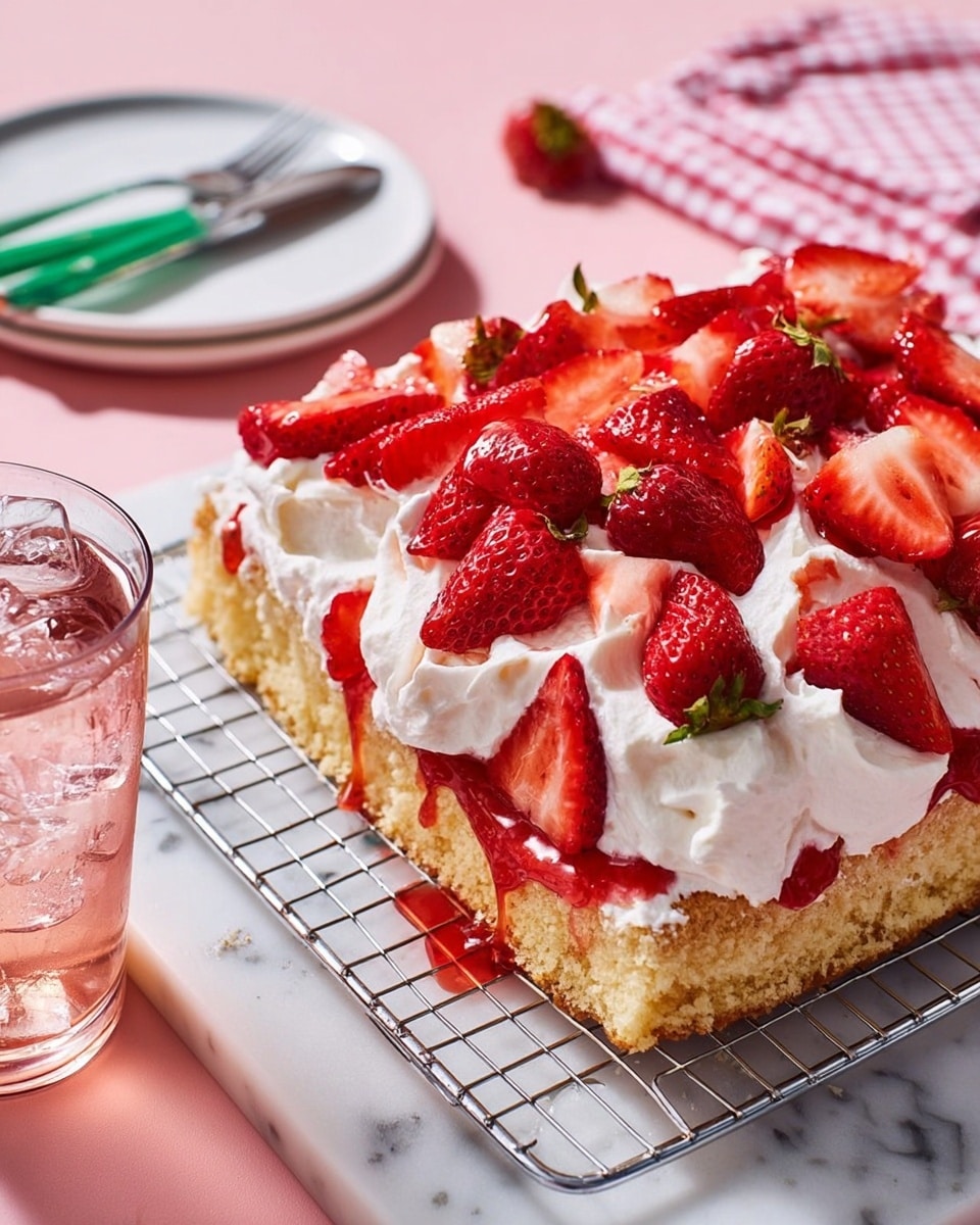 A single-layer square strawberry shortcake is shown on a wire rack over a white marbled surface. The base layer is light golden brown and has a crumbly texture. On top, there is a thick layer of white whipped cream spread unevenly, creating soft peaks. Fresh red strawberry slices are scattered generously on the whipped cream and around the edges, with some juicy strawberry syrup dripping down the sides and onto the surface below. A glass of iced water with clear ice cubes sits to the left, reflecting light. A white plate and a pink and white checkered cloth with a green fork rest in the background. Photo taken with an iphone --ar 4:5 --v 7