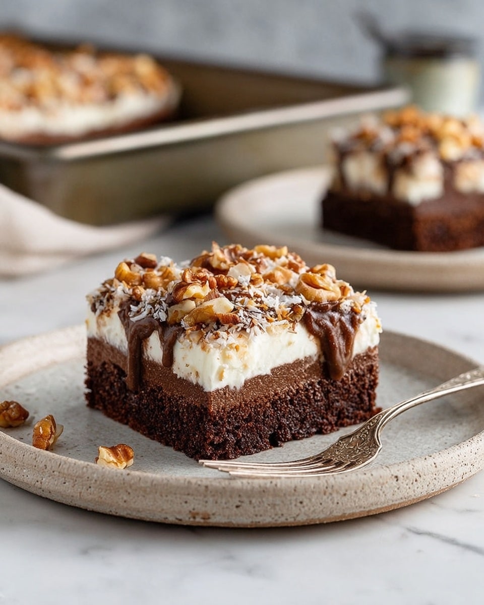 The image shows a tray of chocolate dessert cut into square pieces, each topped with shredded coconut and chopped pecans. One chocolate square is placed in the center of a white plate with a brown rim, showing a dark glossy chocolate layer on top covered in a white layer of coconut flakes, and crunchy brown pecans scattered on top. Another piece sits on a second white plate with a brown rim at the upper right corner, also topped the same way. A metal fork lies next to the chocolate piece on the first plate. In the lower left corner, there is a white bowl filled with dark chocolate glaze, with a small wooden spoon resting inside. The background is a white marbled surface suggesting a clean kitchen countertop photo taken with an iphone --ar 4:5 --v 7