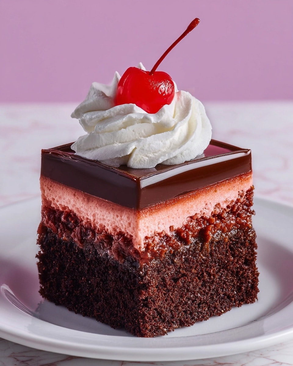 A square piece of chocolate cake is shown with three visible layers: the bottom layer is thick and dark brown with a moist, crumbly texture; the middle layer is a thinner, smooth reddish-pink frosting; and the top layer is a shiny, dark chocolate glaze. On top of the cake sits a swirl of white whipped cream with smooth peaks, and a bright red cherry with a long green stem is placed in the center of the whipped cream. The cake is on a white plate, and the background is a white marbled texture with a soft lavender color behind. Photo taken with an iphone --ar 4:5 --v 7