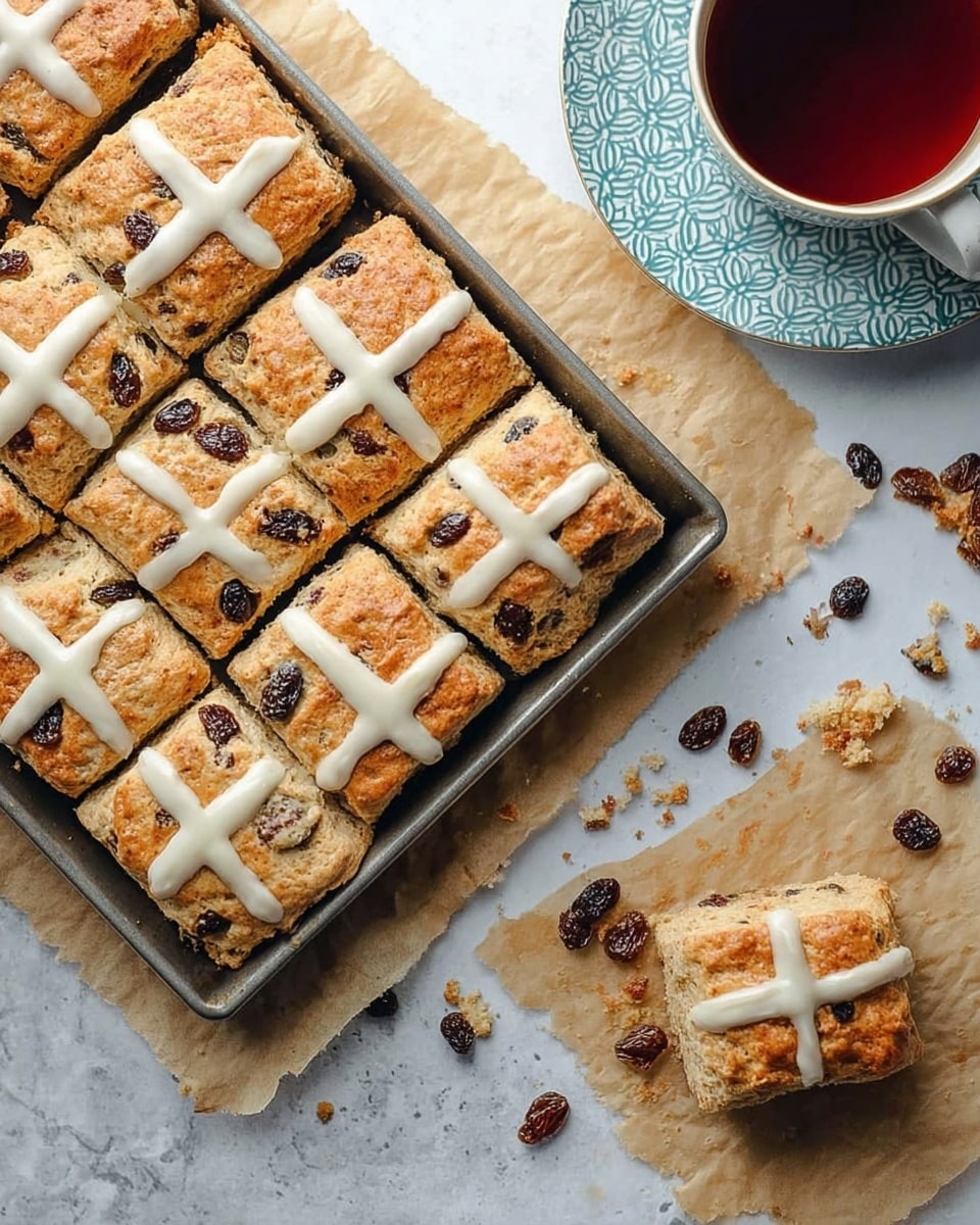 The image shows a baking tray filled with golden brown squares of raisin cake, each topped with white icing lines forming a cross on top. One square is placed on a piece of parchment paper next to the tray, with a few raisins scattered around it. The cake looks soft with visible raisins inside and a slightly crumbly texture. A white cup with dark tea sits on a light blue patterned cloth in the upper left corner. The surface is a white marbled texture. photo taken with an iphone --ar 4:5 --v 7