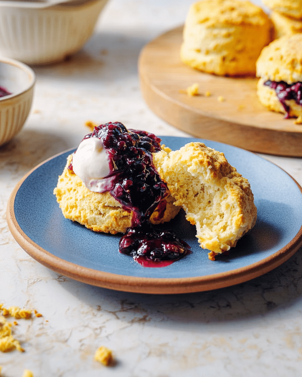 A close-up of a broken golden brown sugar-coated biscuit placed on a dark blue plate with a brown rim, topped with a dollop of white cream and two small green mint leaves beside it; this plate is stacked on a larger white plate, all set on a white marbled surface scattered with biscuit crumbs. To the left, there is a stone-textured cup filled with light brown coffee with milk foam on top. On the top right, several more golden brown sugar-coated biscuits rest on a wooden cutting board that is on the same white marbled surface, with part of an orange and white checkered cloth slightly visible. photo taken with an iphone --ar 4:5 --v 7