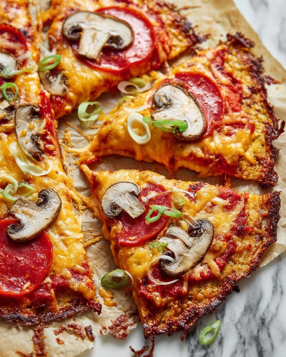 This image shows a pizza with a thin, crispy crust that is browned around the edges. The pizza is cut into slices and laid on parchment paper on a white marbled surface. The base layer is a red tomato sauce spread evenly under a thick layer of melted cheddar and mozzarella cheese that is a rich orange and white mix, bubbly and glossy. On top, there are scattered slices of pepperoni with a shiny red color, and fresh sliced mushrooms with creamy white caps and dark gills. Thin rings of green onions are sprinkled on top, adding a light green contrast and some freshness. The pizza looks hot and cheesy, with the melted cheese stretching slightly on one slice. photo taken with an iphone --ar 4:5 --v 7