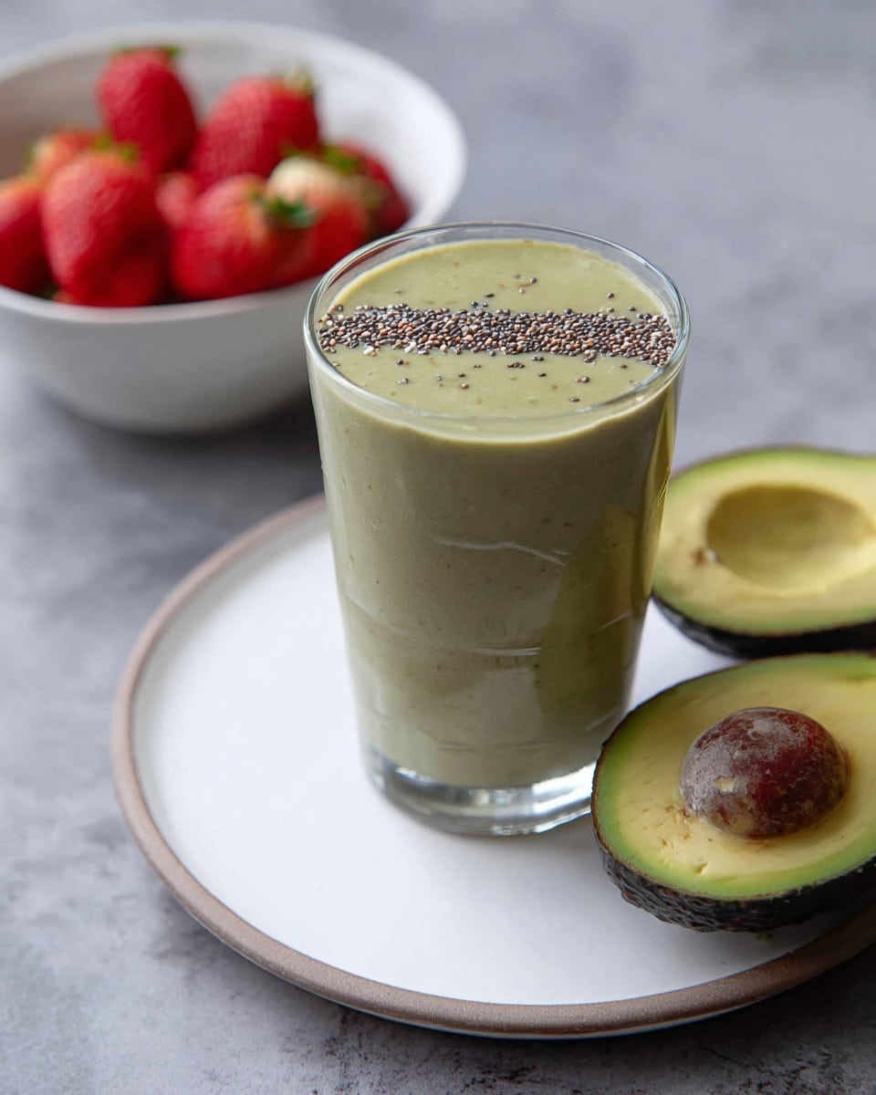 A tall clear glass filled with a smooth green avocado smoothie topped with a thin line of small black chia seeds running down the center, placed on a clean white plate. Behind it, a white bowl contains several red strawberries, and nearby are two halves of a fresh avocado showing their green flesh and brown seed. The entire setting is on a white marbled surface. photo taken with an iphone --ar 4:5 --v 7