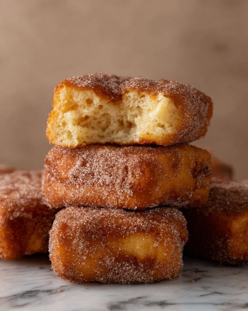 The image shows a close-up of four square-shaped fried dough pieces covered with a layer of sugar and cinnamon powder. The fried dough has a golden-brown color with a crispy texture outside, while the inside reveals a soft, airy, and light yellow dough with one piece having a bite taken out to show the inside fluffy texture. The pieces are stacked, with three at the bottom and one resting on top. The background has a smooth, neutral tone, and the entire scene rests on a white marbled surface. photo taken with an iphone --ar 4:5 --v 7