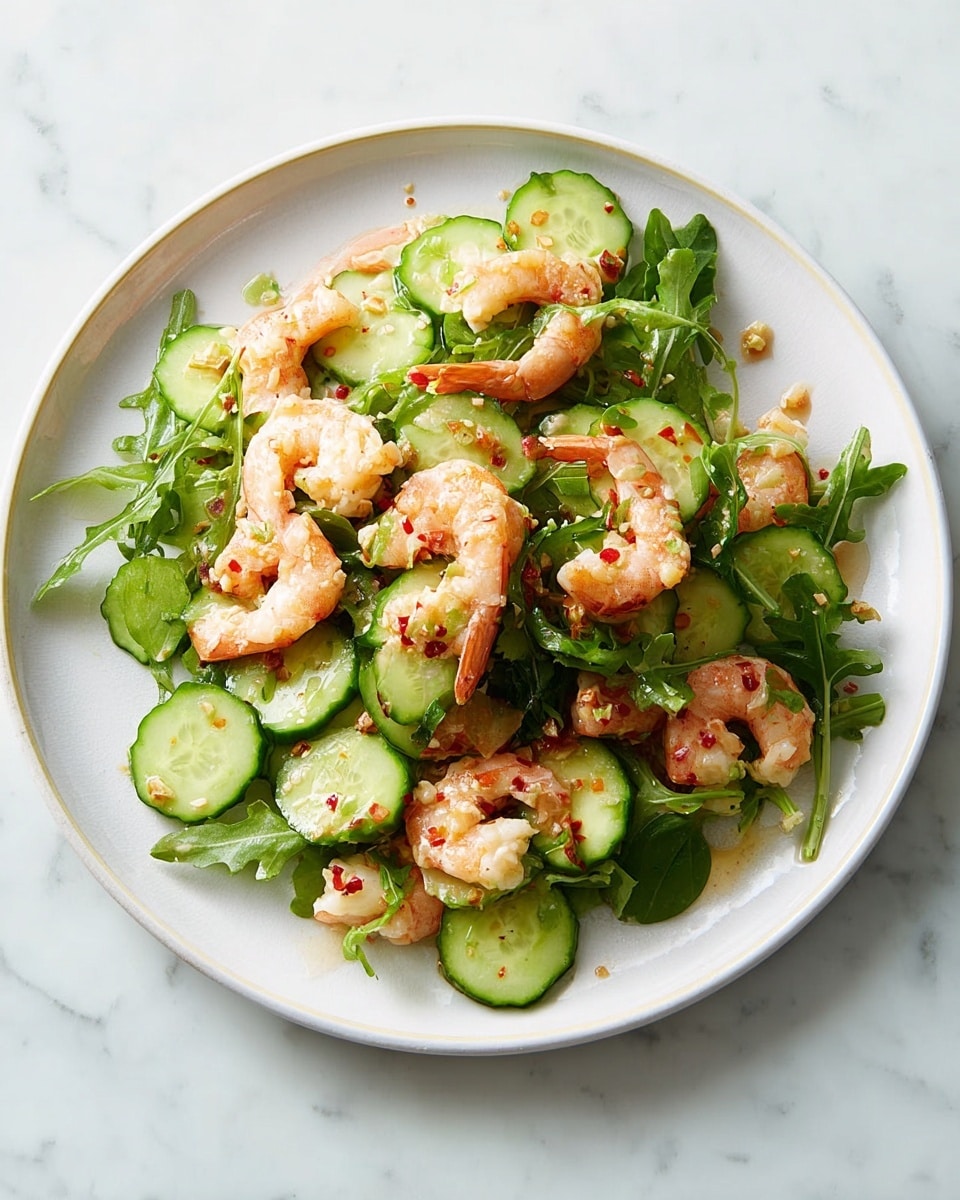A white round plate holds a fresh shrimp salad arranged in loose layers: the bottom layer is made up of green arugula leaves scattered unevenly, followed by thin, round cucumber slices spread on top, and a generous layer of pink, cooked shrimp curled on the cucumber and greens. The dish is topped with a light dressing that looks oily with small bits of garlic and red chili flakes, giving a slight glistening effect to the shrimp and vegetables. The plate is set on a white marbled surface, and the overall look of the dish is bright, fresh, and colorful. photo taken with an iphone --ar 4:5 --v 7