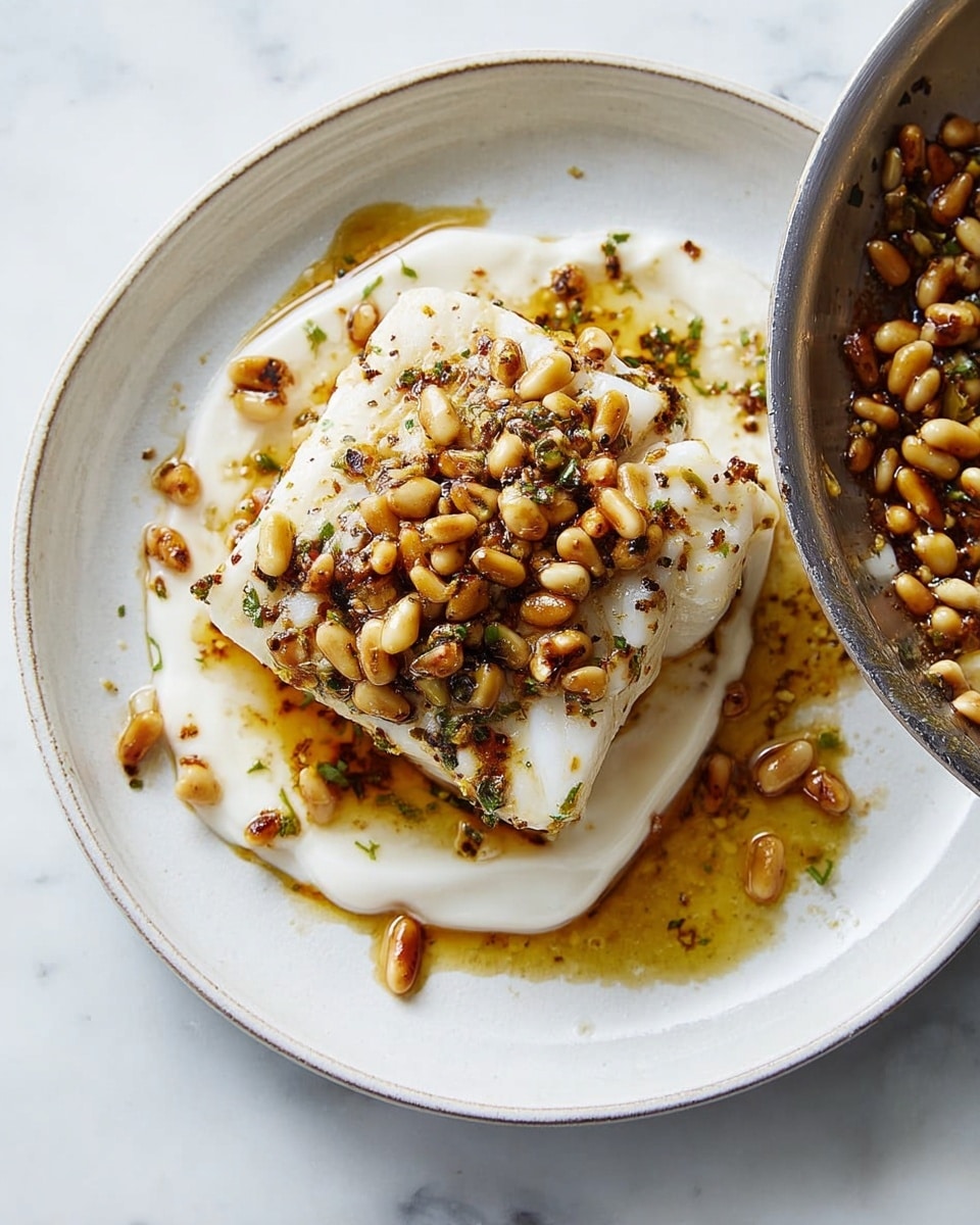 A white square piece of cooked fish sits in the center of a white plate, covered with a thick, creamy white sauce. On top of the sauce is a generous layer of golden toasted pine nuts mixed with herbs and a drizzle of brown spiced oil that spreads around the fish, creating a glossy and textured look. To the right side of the plate, part of a metal skillet filled with more pine nuts in the same brown oil is visible. The background and surface beneath are white with a soft marbled texture. photo taken with an iphone --ar 4:5 --v 7