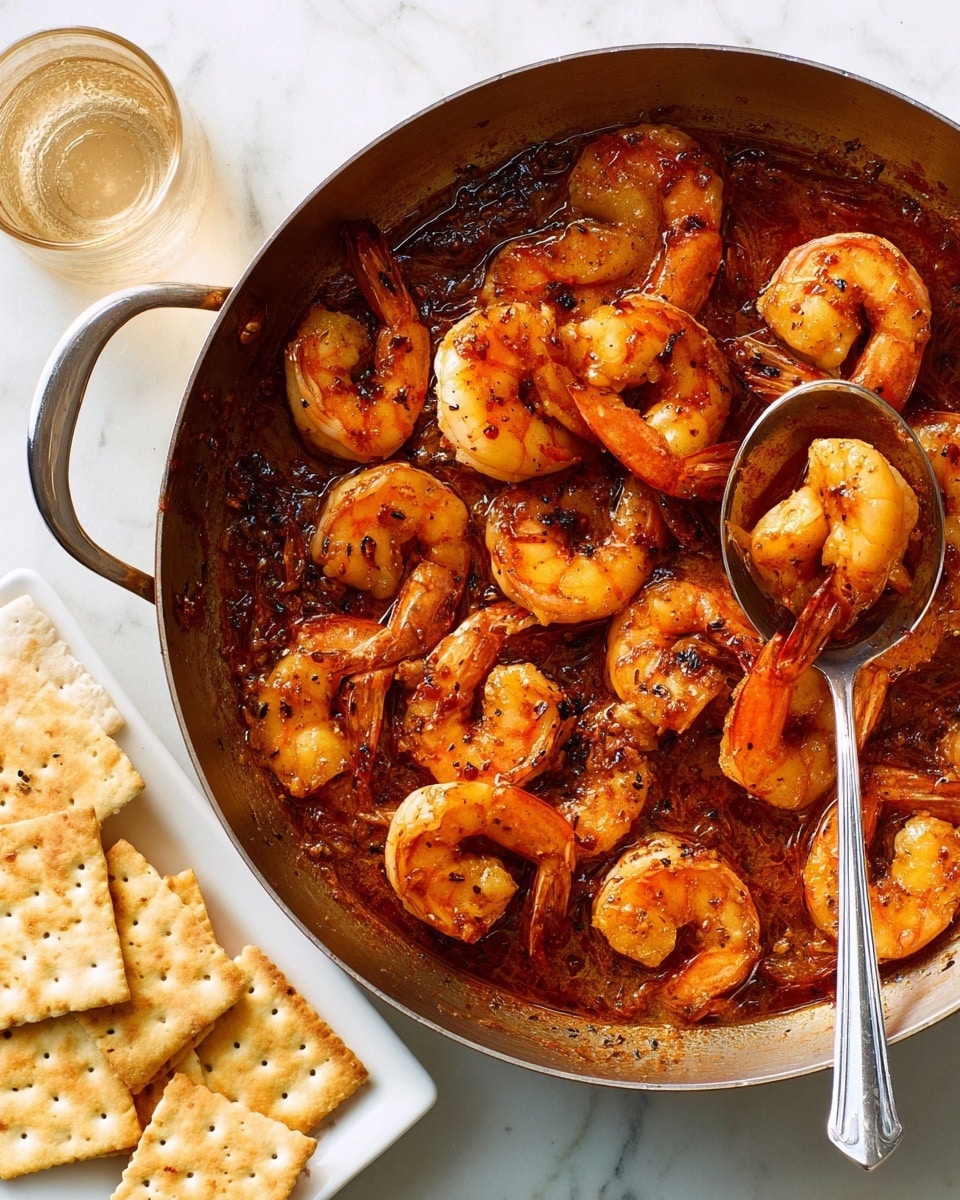 This image shows a metal pan full of cooked shrimp in a reddish-brown sauce, with some blackened bits scattered throughout. The shrimp are orange and pink, curled tightly and glossy from the sauce. A silver spoon rests inside the pan, lifting three shrimp above the rest. To the right of the pan is a white plate holding several square crackers with light brown spots. The background is a white marbled texture. photo taken with an iphone --ar 4:5 --v 7