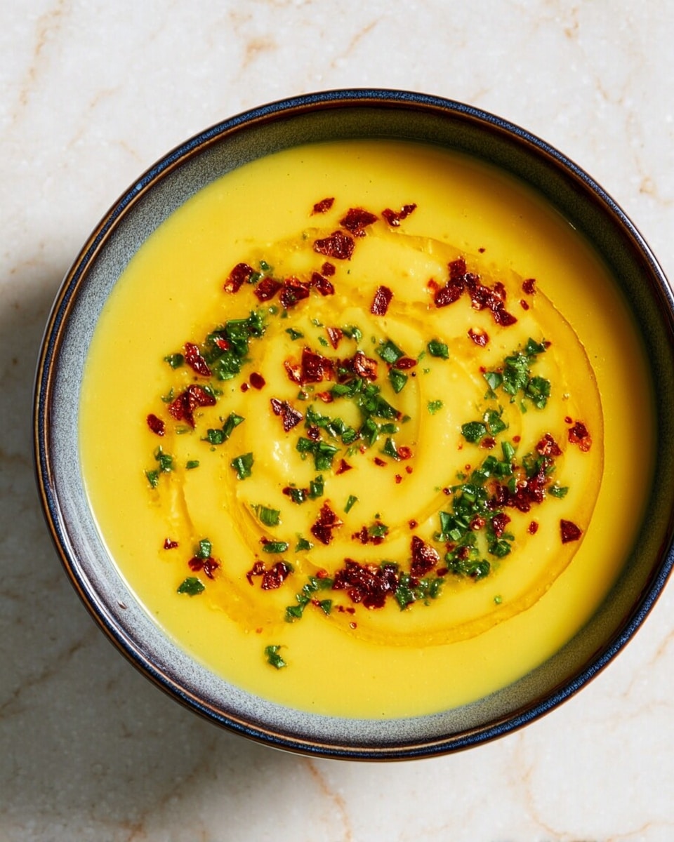A smooth, thick yellow soup fills a deep white bowl with a dark gray rim, lying on a white marbled surface. Bright red small chili flakes are scattered on top, creating an uneven circular pattern, and chopped green herbs are sprinkled over to add a fresh look and texture contrast. The soup's creamy texture is visible with slight swirls. Photo taken with an iphone --ar 4:5 --v 7