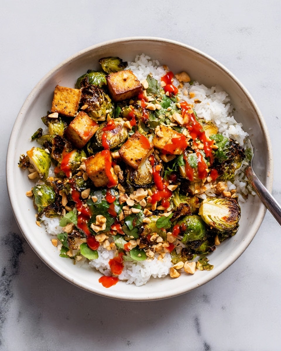 A white bowl filled with a base layer of fluffy white rice, topped with a mix of golden-brown roasted Brussels sprouts and crunchy tofu cubes. There are scattered green herbs and chopped peanuts adding texture and freshness. A drizzle of bright red sauce is spread on top, adding a vibrant contrast to the greens and whites. The bowl sits on a white marbled surface, creating a clean and simple look. photo taken with an iphone --ar 4:5 --v 7