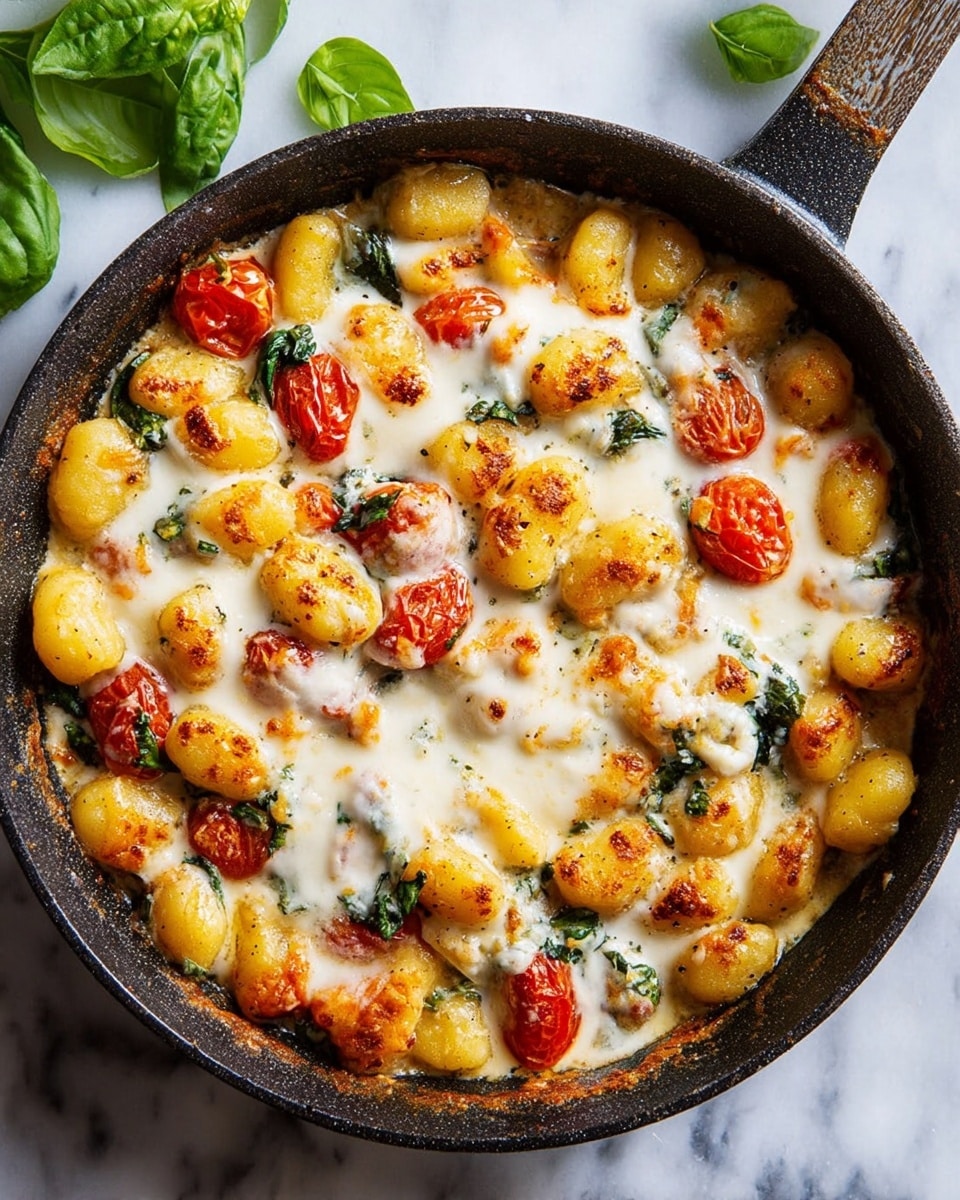 The image shows a black cast iron pan filled with golden gnocchi covered in melted white cheese that has some browned spots on top. Mixed within the gnocchi are bright red cherry tomatoes and green basil leaves, adding pops of color. The cheese looks soft and stretchy, spread evenly over the gnocchi and vegetables. The pan rests on a white marbled surface with some fresh green basil leaves placed nearby. photo taken with an iphone --ar 4:5 --v 7