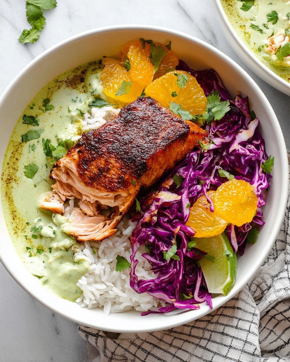 The image shows two white bowls with three layers inside each. The bottom layer is steamed white rice, fluffy and loose. On one side of the rice lies a thick, smooth green sauce, covering about one-third of the bowl's inside. On top of the rice in each bowl is a piece of cooked salmon with a dark reddish-brown crust, crispy and slightly charred. A woman's hand is holding a fork lifting a piece of salmon from one bowl. To the left, there is a baking tray covered with browned parchment paper holding extra pieces of salmon. To the right of the bowls, there is a clear container with more of the green sauce and a spoon inside it. In the bottom right corner, there is a clear bowl with a red cabbage salad mixed with orange chunks, showing layers of purple and bright orange. All items are on a white marbled surface. Photo taken with an iphone --ar 4:5 --v 7