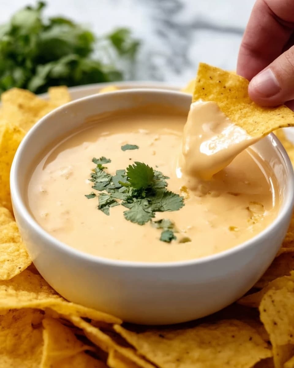 A white bowl filled with smooth, creamy cheese dip topped with a few green cilantro leaves in the center, surrounded by yellow tortilla chips on a white marbled surface. A woman's hand is holding one tortilla chip dipping it into the soft, light orange-colored cheese sauce, showing its thick texture. Fresh green cilantro leaves and some tortilla chips are slightly blurred in the background. Photo taken with an iphone --ar 4:5 --v 7