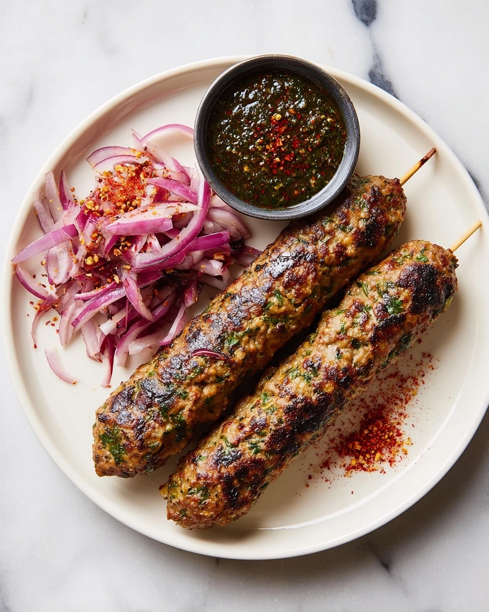 Two grilled kebabs with a golden-brown and slightly charred surface lie side by side on a white plate. The kebabs have specks of green herbs and spices visible throughout their textured surface. To the top right of the kebabs, there is a small bowl filled with dark green sauce topped with small red bits. To the left of the kebabs, there is a pile of thinly sliced red onions sprinkled with red seasoning powder. Some of the seasoning is scattered lightly across the plate. The plate rests on a white marbled surface. Photo taken with an iphone --ar 4:5 --v 7