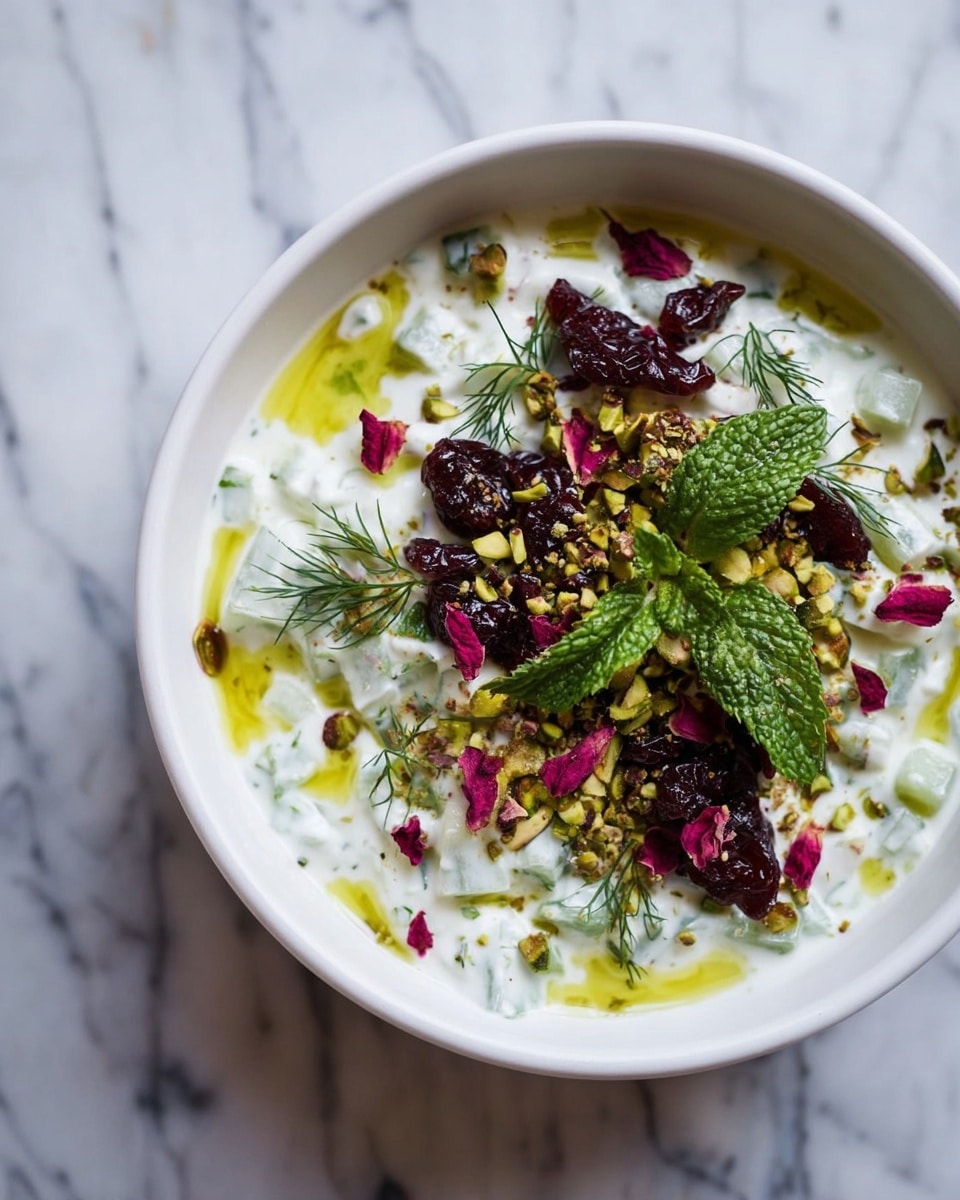 The image shows a white bowl filled with a creamy yogurt mixture that is the base layer, dotted with small, pale green cucumber pieces mixed throughout. On top, there are bright green fresh mint leaves and some dill sprigs placed in the center. Around the herbs, there are dark red dried cranberries or cherries and crushed yellow-green pistachio nuts scattered over the surface. The yogurt has some light yellow olive oil drizzled around the edges, adding a shiny texture. There are also a few dried rose petals sprinkled lightly on top, giving a gentle pop of pink color. The bowl is set on a white marbled surface. photo taken with an iphone --ar 4:5 --v 7