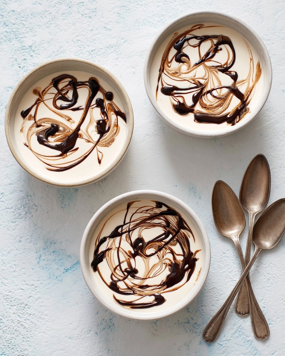 Three white bowls are filled with a creamy white base layer, each topped with swirling patterns of dark brown sauce in various abstract shapes. The bowls are simple and round, placed on a white marbled textured surface. Three old silver spoons are arranged casually above the bowls on the right side. The overall look is smooth with rich color contrast between the creamy white and dark brown swirls. photo taken with an iphone --ar 4:5 --v 7