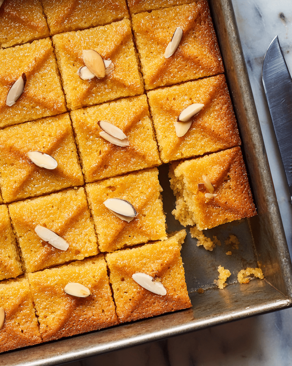 A close-up view of a square metal baking pan filled with golden-brown semolina cake cut into diamond shapes, each piece topped with a single almond sliver. The cake has a coarse, crumbly texture with a glossy surface, showing a moist inside through a missing piece near the bottom right corner. The pan is placed on a white marbled texture, and a knife with a black handle lies nearby on the bottom right. Photo taken with an iphone --ar 4:5 --v 7