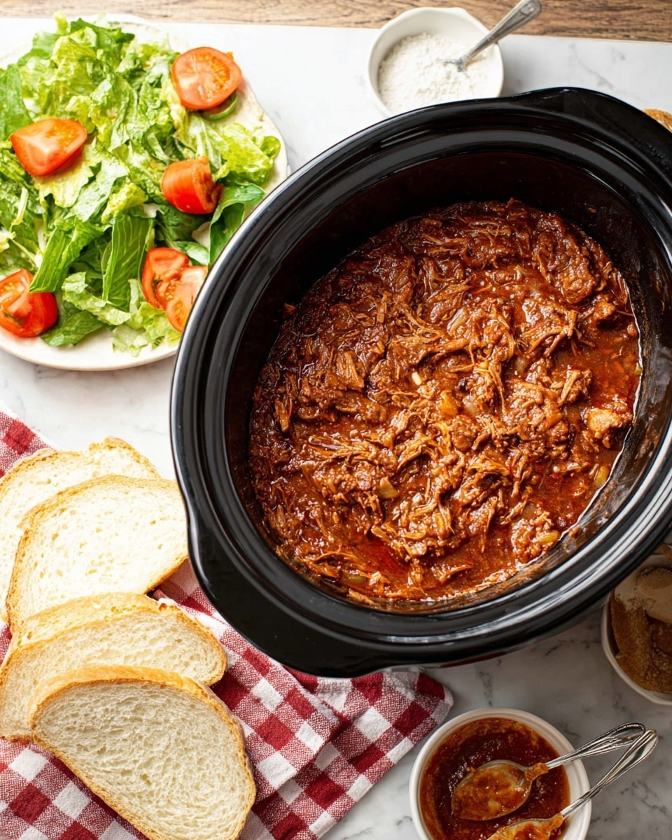 A black slow cooker bowl filled with a thick, chunky beef stew that has a rich reddish-brown sauce mixed with shredded meat and small pieces of vegetables. On the left side, there is a white plate with a fresh green salad made of leafy lettuce and bright red tomato slices. At the bottom left, two slices of light-colored bread rest on a red and white checkered cloth. On the right side, there is a small white dish with a wooden spoon covered in sauce, and above it, another small white dish contains some white powder with a silver spoon. The whole scene is set on a white marbled texture surface. photo taken with an iphone --ar 4:5 --v 7