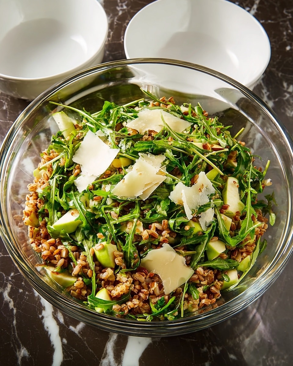 A clear glass bowl filled with a mixed salad that has three main layers visible: a base of light brown cooked grains with a soft texture scattered throughout, a middle layer of fresh bright green arugula leaves with long stems mixed evenly among the grains, and thin, irregularly shaped pale yellow cheese slices placed on top and slightly within the salad. The salad also includes small chunks of green apple scattered inside, adding a varied texture. The bowl is placed on a white marbled surface with two empty white bowls in the background. photo taken with an iphone --ar 4:5 --v 7