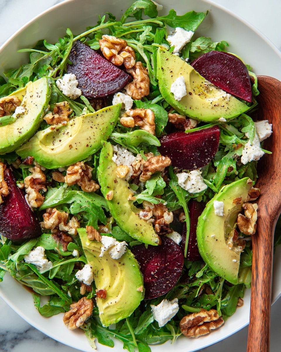 A white bowl filled with a fresh salad featuring a base layer of bright green arugula leaves. On top, there are dark red beet slices, light green avocado wedges, and small chunks of white goat cheese scattered evenly. Roughly chopped brown walnuts add texture and color contrast throughout. The salad is lightly dressed, with tiny drops of olive oil and black pepper sprinkled on the ingredients. A wooden spoon is visible on the lower right edge of the bowl, resting on a white marbled surface. Photo taken with an iphone --ar 4:5 --v 7