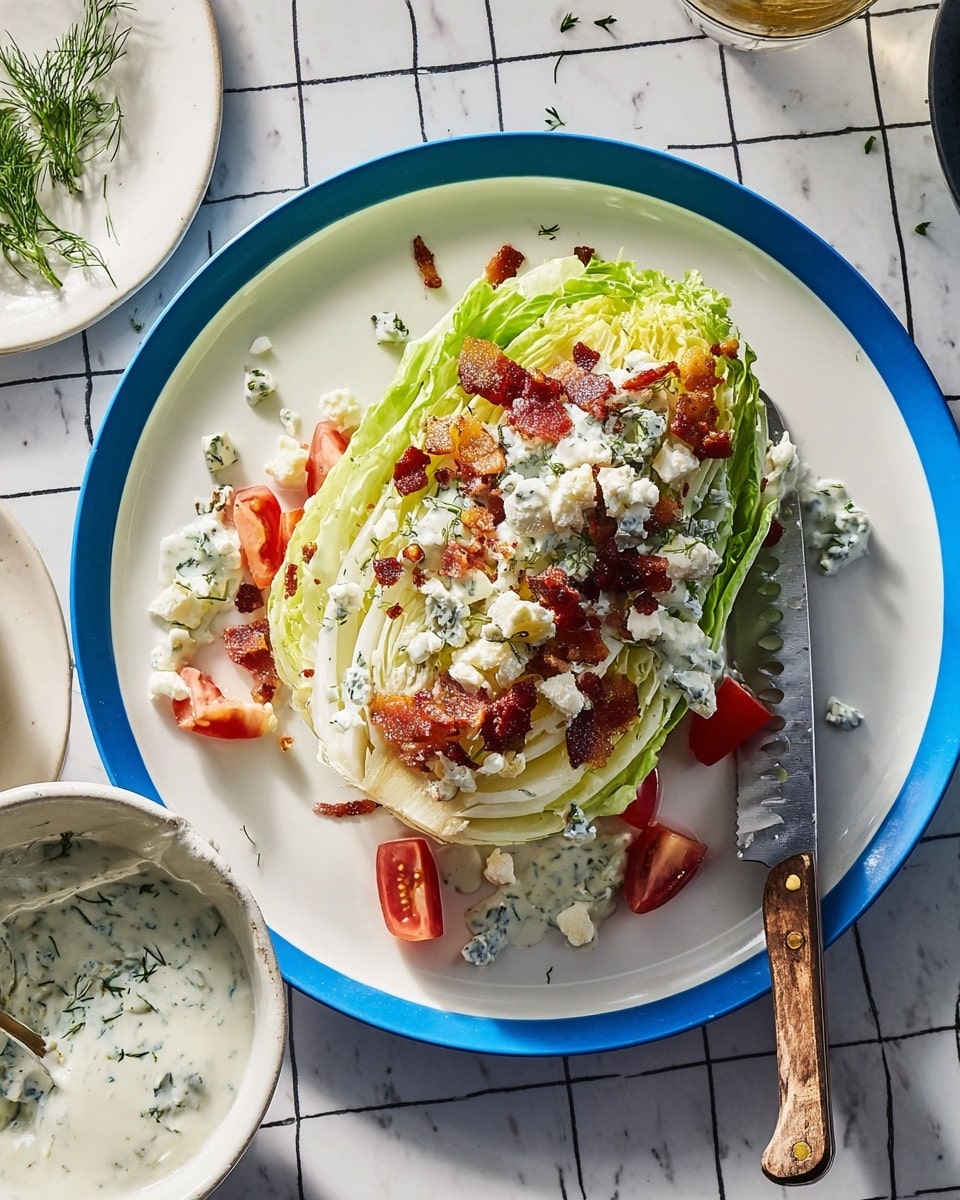 A wedge salad is served on a white plate with a blue center, placed on a white marbled texture with a black grid pattern. The salad has three main layers: the bottom layer is a leaf of green lettuce, the middle layer is a large wedge of pale green iceberg lettuce, and the top layer is covered with white creamy dressing sprinkled with chopped herbs. Scattered on top and around the wedge are small red tomato pieces, dark crispy bacon strips, chunks of white cheese with herbs, and some green herbs as garnish. A serrated knife with a wooden handle rests on the plate's edge. A white bowl with a creamy herb dressing and a garnish of fresh green herbs is placed to the left of the plate, and part of another white plate is visible on the right side of the image. Photo taken with an iphone --ar 4:5 --v 7