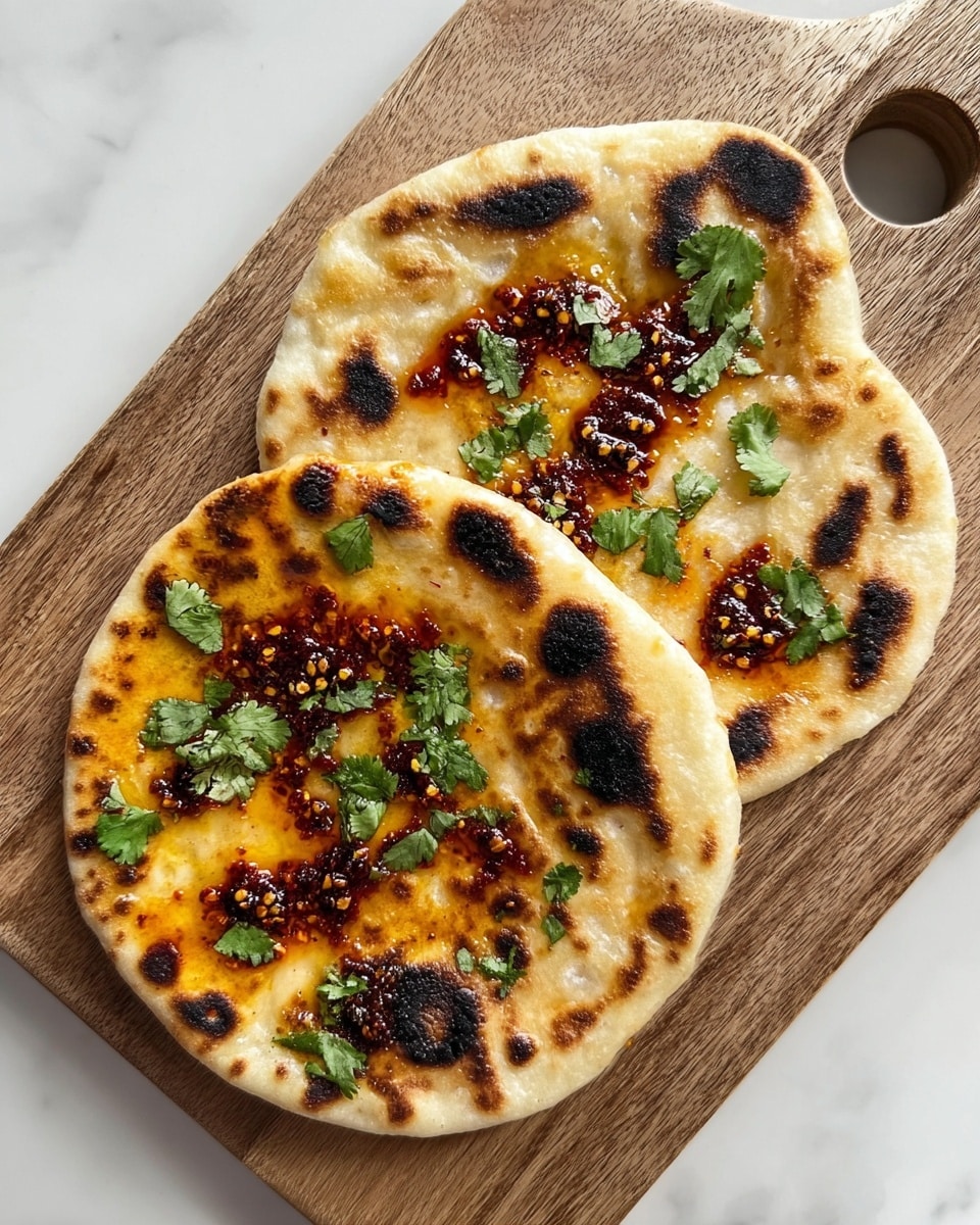 Two flatbreads with a toasted, golden-brown surface are placed on a wooden board with a hole on the top right corner. Each flatbread has patches of dark char marks and is topped with small green cilantro leaves scattered unevenly. There are dollops of dark red chili oil with shiny oily spots spread across the flatbreads, giving a glossy texture contrasting with the matte bread. The background is a white marbled texture. photo taken with an iphone --ar 4:5 --v 7