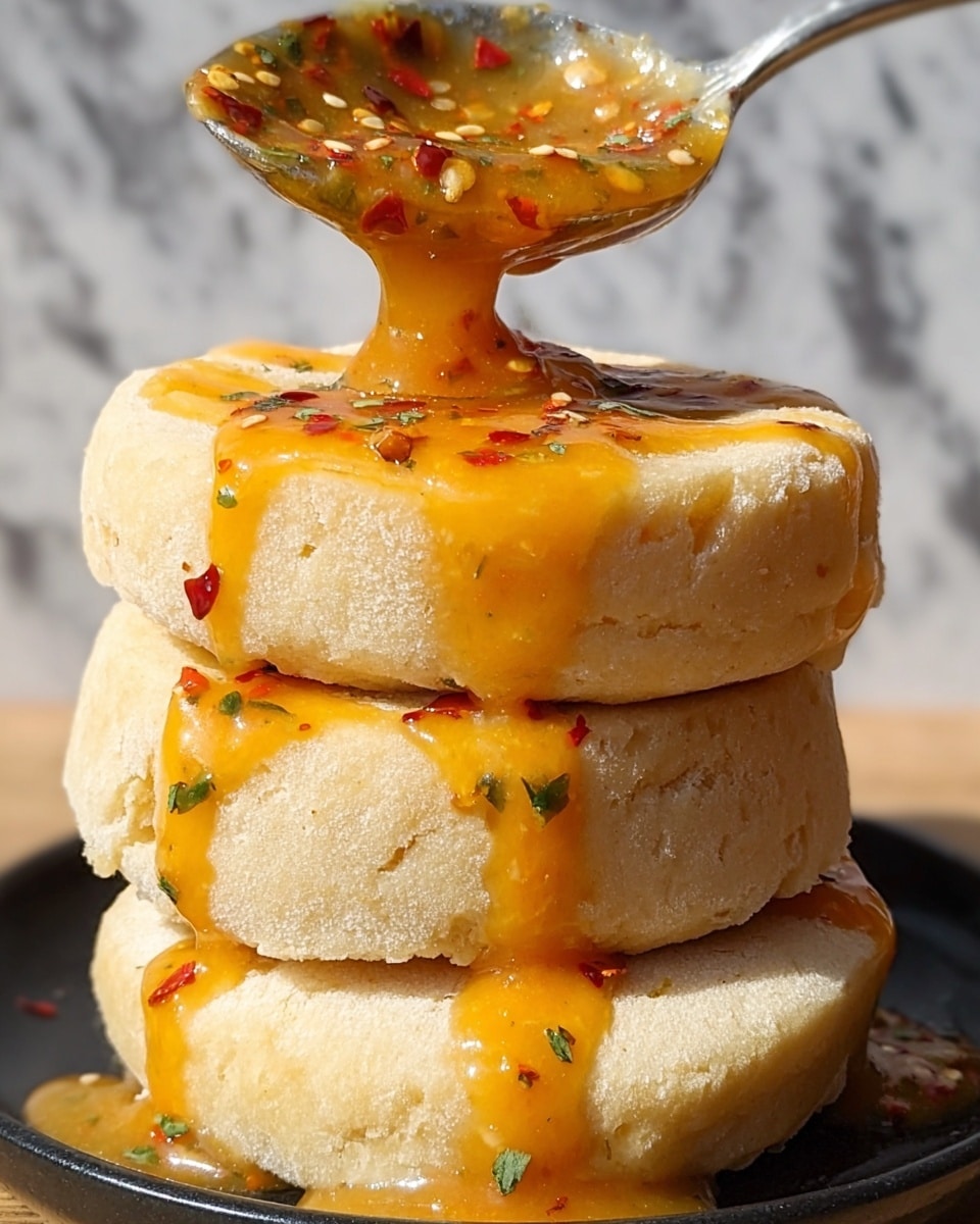 A stack of four thick, fluffy English muffins sits on a black plate, each muffin light beige with a soft, slightly textured surface. Bright orange oily sauce with red chili flakes and small green herb bits is being poured from a metal spoon onto the top muffin, spreading and dripping down the sides of the stack in thick streams. The sauce shines with a glossy finish, creating an appetizing contrast against the pale muffins. The background is a white marbled texture. Photo taken with an iphone --ar 4:5 --v 7