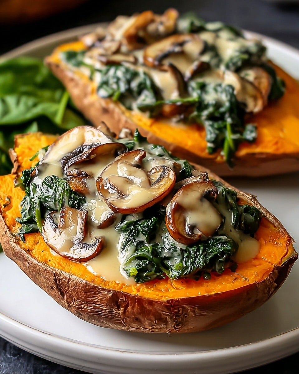The image shows two halves of a roasted sweet potato placed on a white plate, resting on a white marbled surface. Each sweet potato half has three distinct layers: the bottom layer is the soft, bright orange flesh of the sweet potato with slightly wrinkled, browned skin edges; the middle layer is a dark green spinach mixture that looks cooked and slightly wilted, spread evenly over the orange base; the top layer consists of sautéed brown mushroom slices covered with a creamy, light beige sauce that lightly drips over the edges of the filling. The close-up shot highlights the textures of the roasted skin, creamy sauce, and mushrooms. Photo taken with an iphone --ar 4:5 --v 7