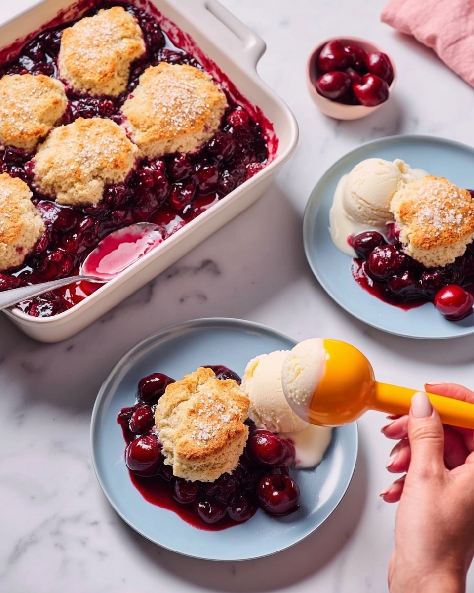 A white plate holds a cherry cobbler with two main layers; the bottom layer is bright red cooked cherries in thick syrup, and the top layer is a golden brown biscuit topped with coarse sugar crystals, partially broken to reveal its soft inside. Next to the cobbler is a round scoop of creamy white vanilla ice cream starting to melt into the cherry syrup. A silver spoon rests on the plate, with its bowl filled with syrup and cherries. The plate is placed on a white marbled surface with a soft purple tint in the background. photo taken with an iphone --ar 4:5 --v 7