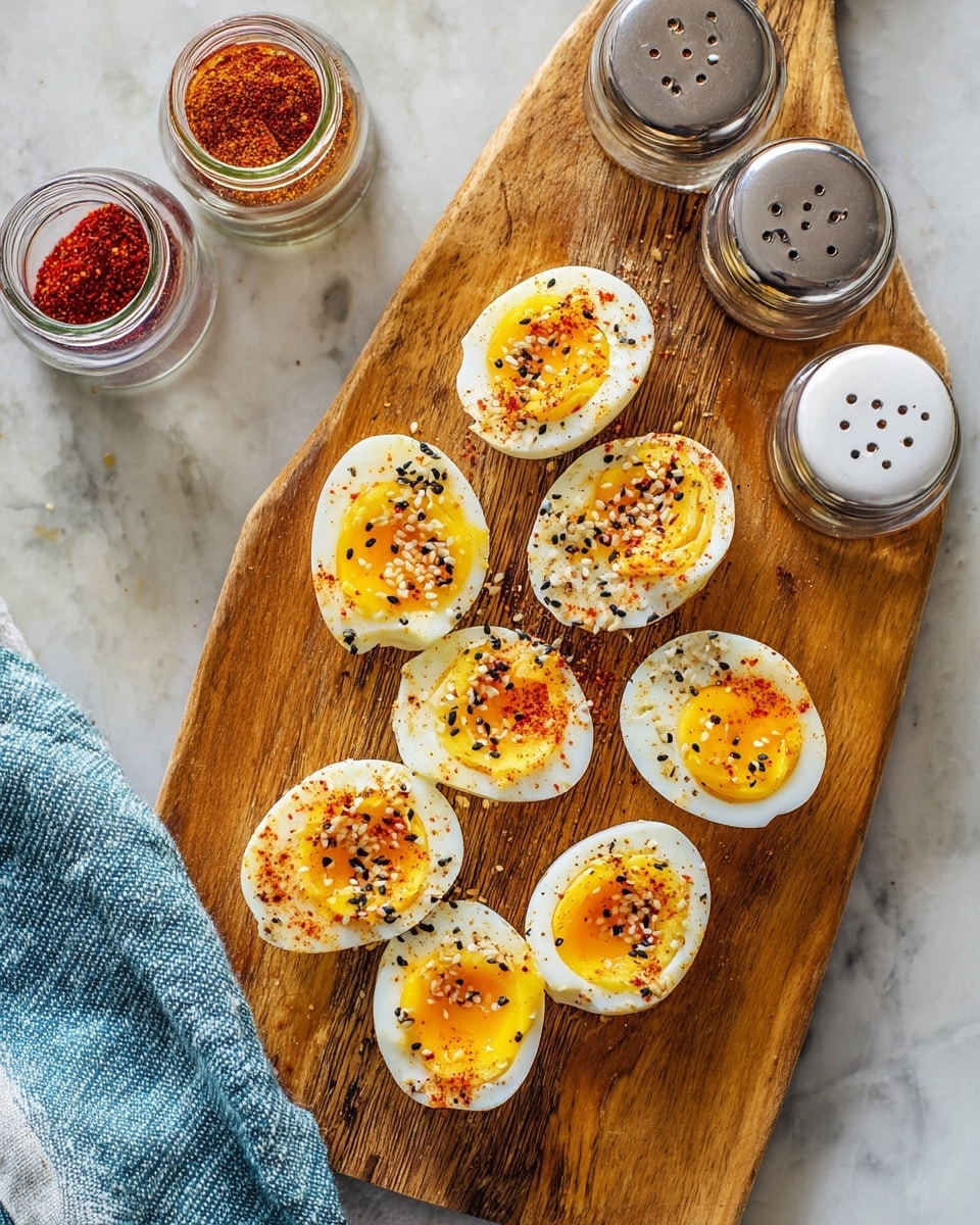 The image shows eight hard-boiled eggs cut in half, arranged in a scattered pattern on a wooden serving board. Each egg half features a smooth, white outer layer of cooked egg white and a bright yellow, slightly crumbly yolk at the center. The eggs are placed randomly but spread evenly across the wood’s textured surface. A folded blue and white striped cloth is partially visible in the bottom left corner, laying on a white marbled background. Photo taken with an iphone --ar 4:5 --v 7